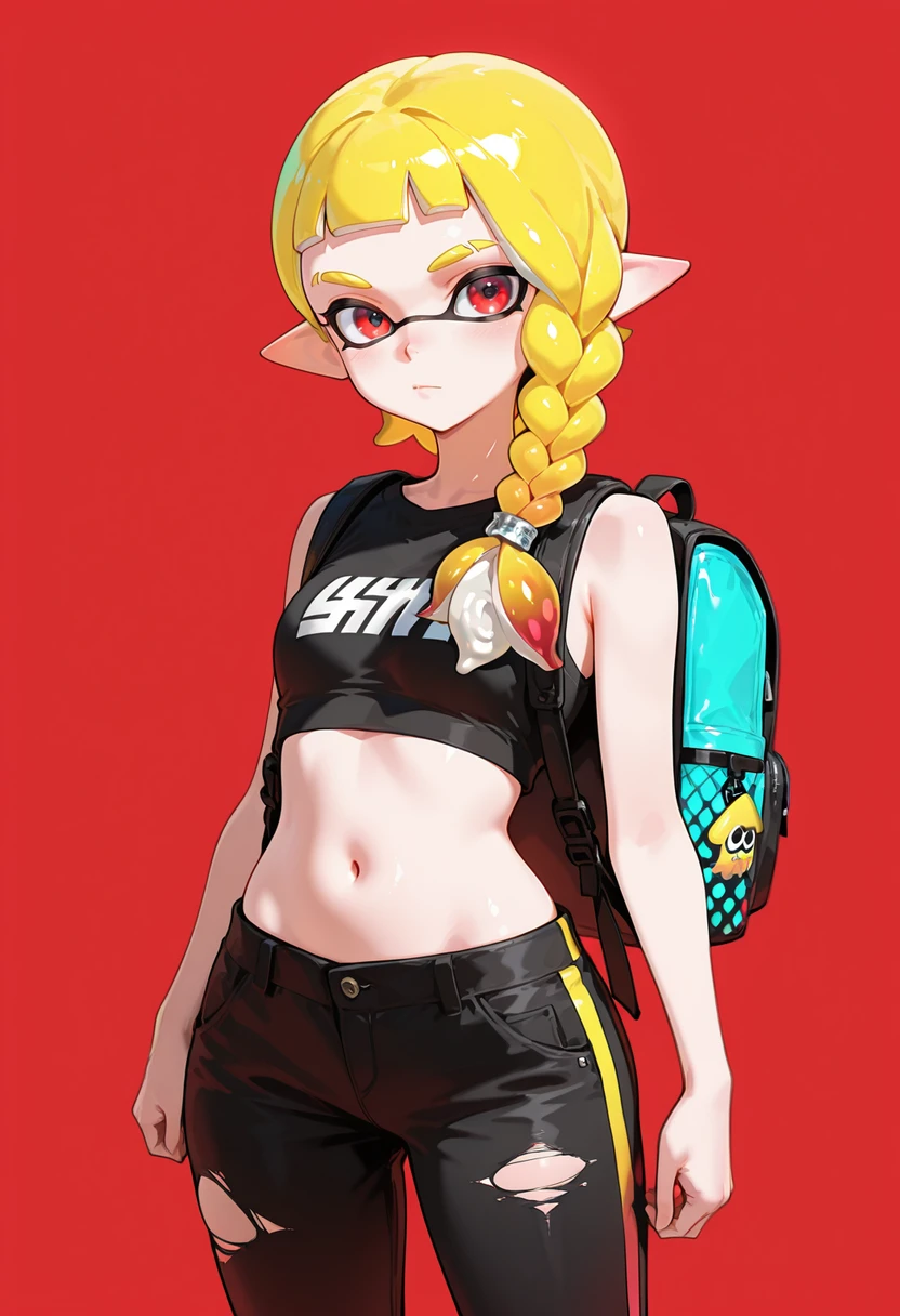 masterpiece, best quality,absurdres, ultra-detailed, high resolution,

inkling, 1girl, solo, red eyes, blonde hair, navel, pointy ears, braid, long hair, bag, midriff, backpack, torn clothes, pants, red background, looking at viewer, shirt, sleeveless, crop top, single braid, closed mouth, black shirt, eyebrow cut, black pants, sleeveless shirt