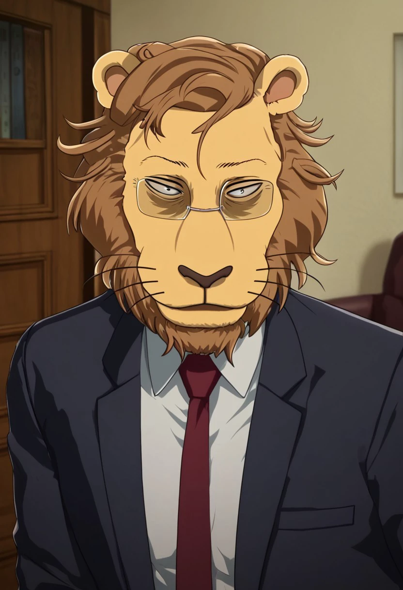 score_9_up, score_8_up, score_7_up, Masterpiece, best quality, high quality, detailed, male, solo male, 1boy, Ibuki, solo male, 1boy, mature male, anthro, lion, tan yellow fur, light brown mane, brown hair, short mane, hazel eyes, animal ears, beastars, athletic build, glasses, navy blue suit, white collared shirt, red necktie, looking at viewer, smiling, indoors, office, half-body