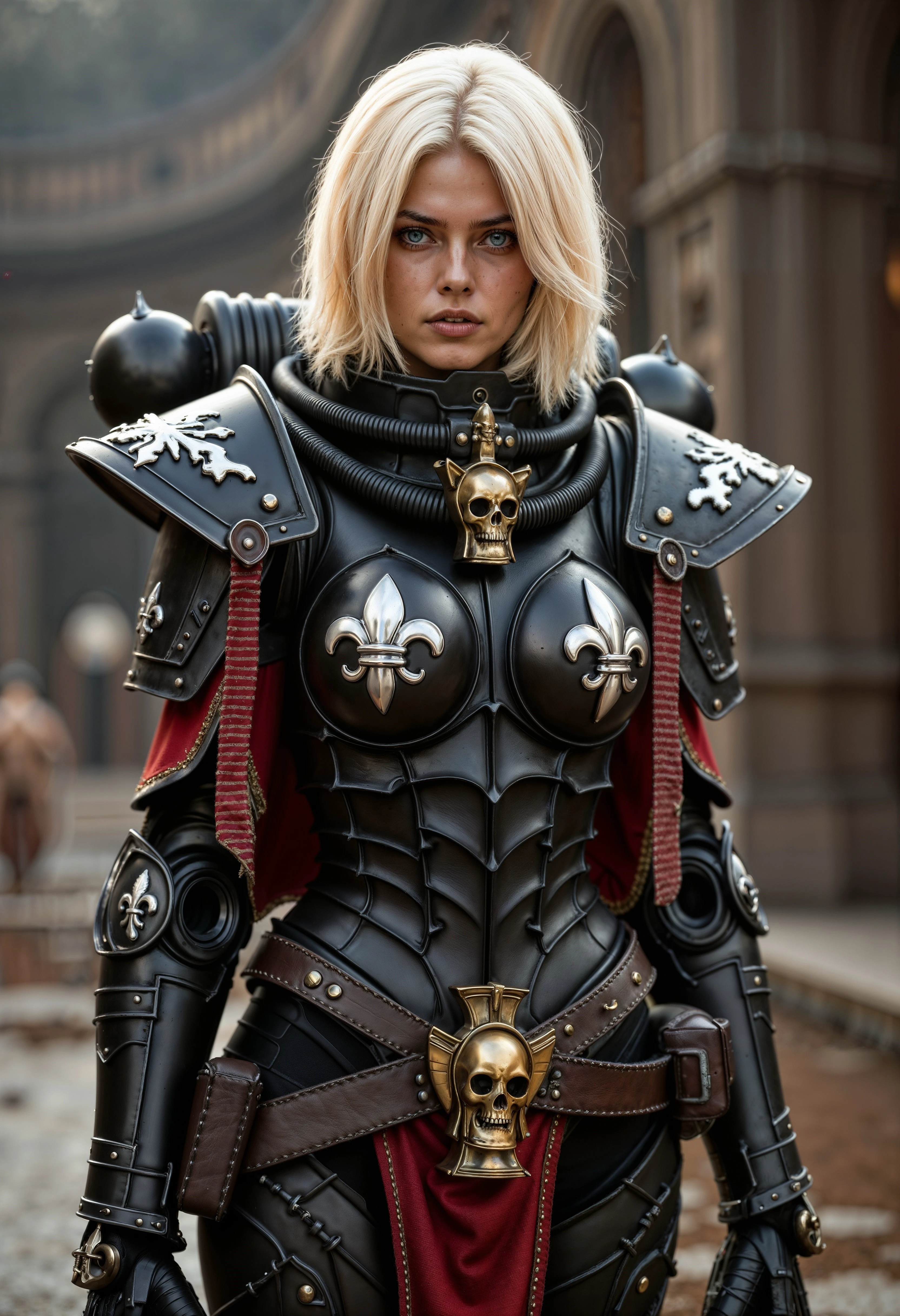 SisB40K, ultra realistic blonde woman wearing SisB40K armor <lora:FluxSisB40K:1>