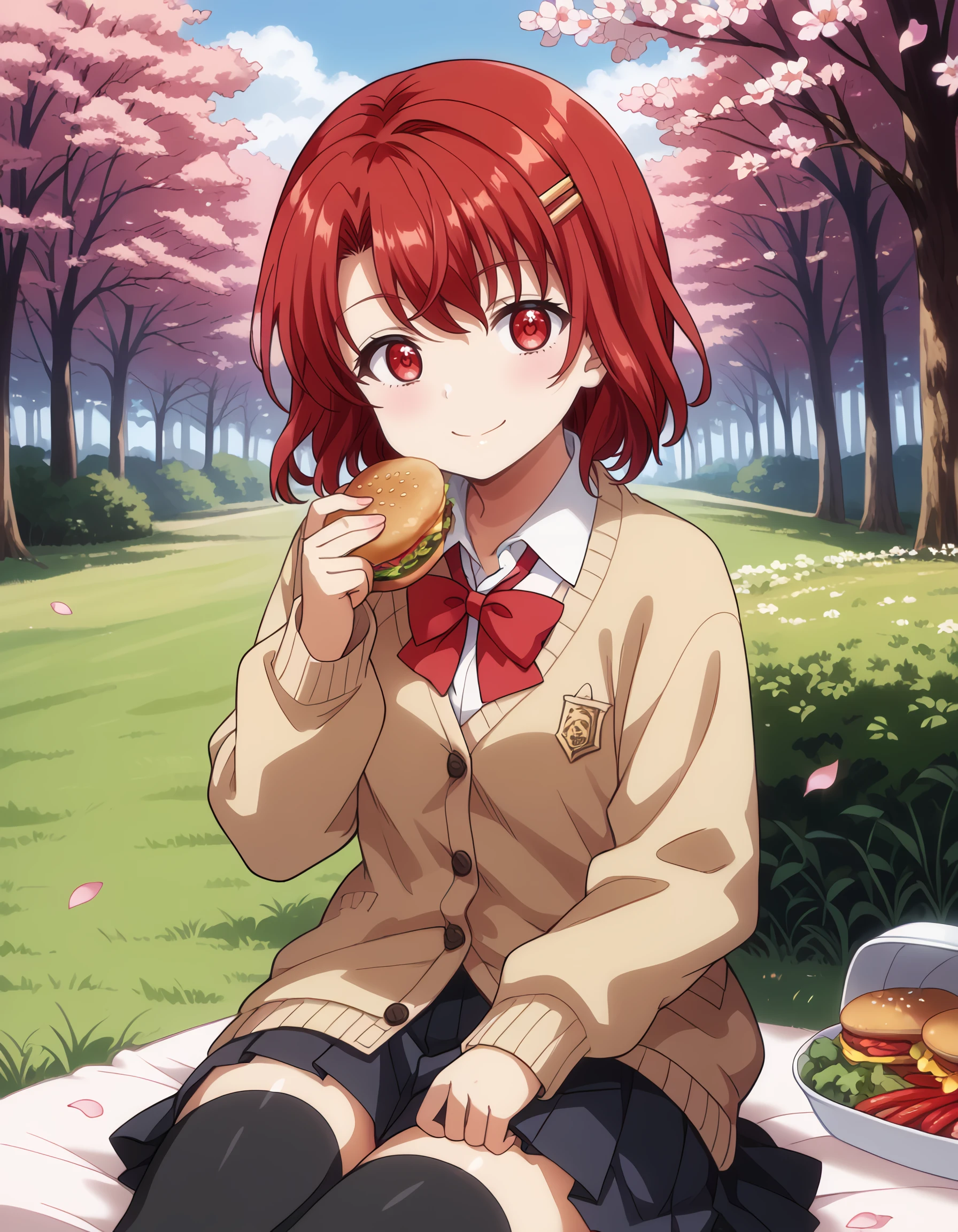 <lora:yui_pony:1> score_9, score_8_up, score_7_up,source_anime, rating:safe, yui, short_hair, red_hair, red_eyes, hair_ornament, hairclip, school_uniform, jacket, white_shirt, red_bow, black_thighhighs, 1girl, bento, black_thighhighs, bow, cardigan, cherry_blossoms, contemporary, curled_fingers, eyelashes, food, gold, grass, grey_cardigan, grey_pupils, hamburger_steak, large_bow, looking_at_viewer, open_cardigan, open_hand, outdoors, petals, red_bow, rice, seiza, sitting, smile, solo, symbol-shaped_pupils, thighhighs, triangle-shaped_pupils, v-shaped_eyebrows, vegetable, (tsuruse:0.8, nori_tamago:0.8), (bubukka:1.0),, masterpiece, detailed, best_quality