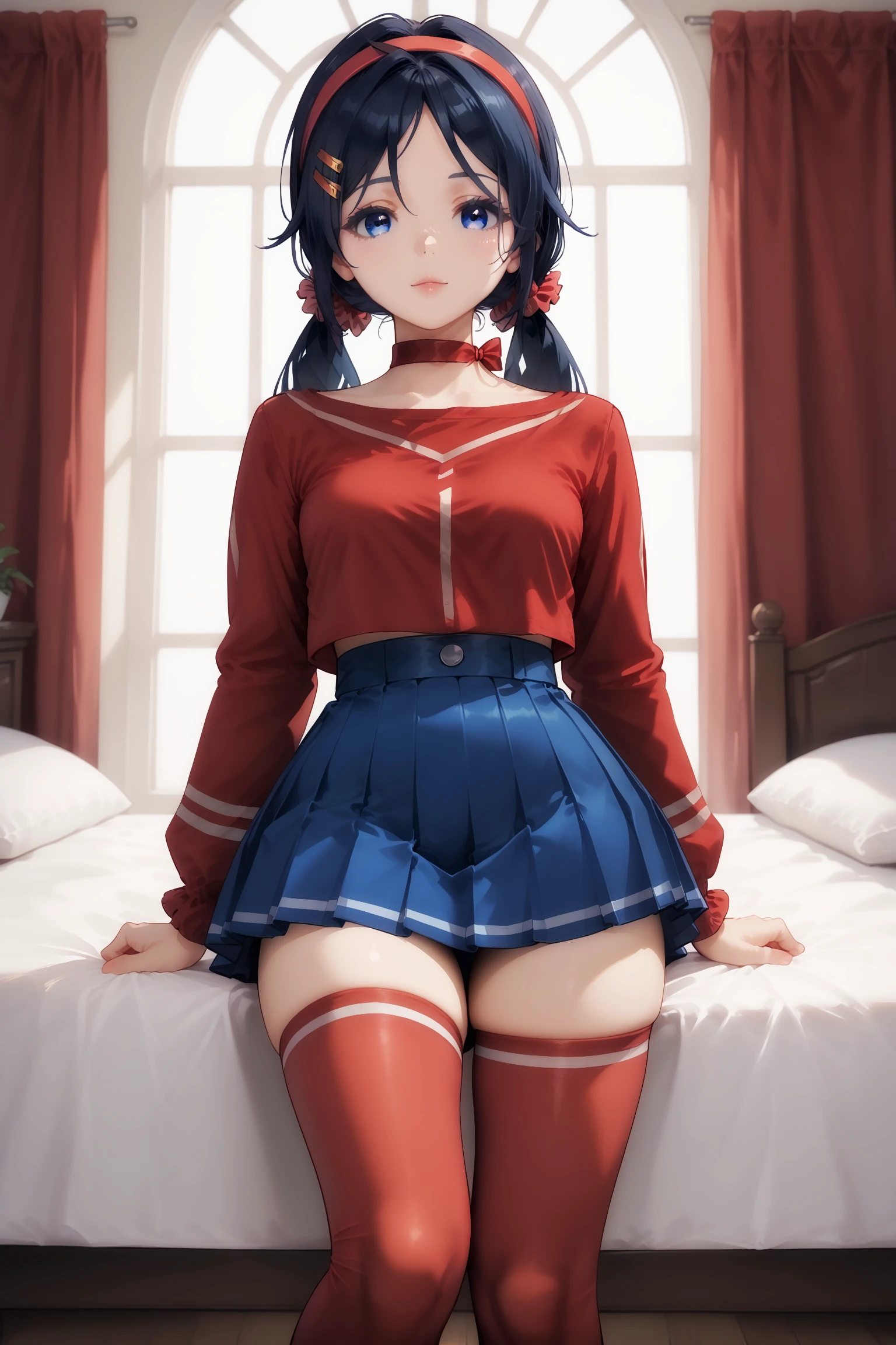 score_9, score_8_up, score_7_up, masterpiece, best quality, imtdmiramiside, 1girl, 19 years old, red thighhighs, blue eyes, low twintails, hair ornament, skirt, hairclip, long hair, shirt, long sleeves, red hairband, blue skirt, blue hair, black hair, pleated skirt, red choker, scrunchie, rating_questionable.
