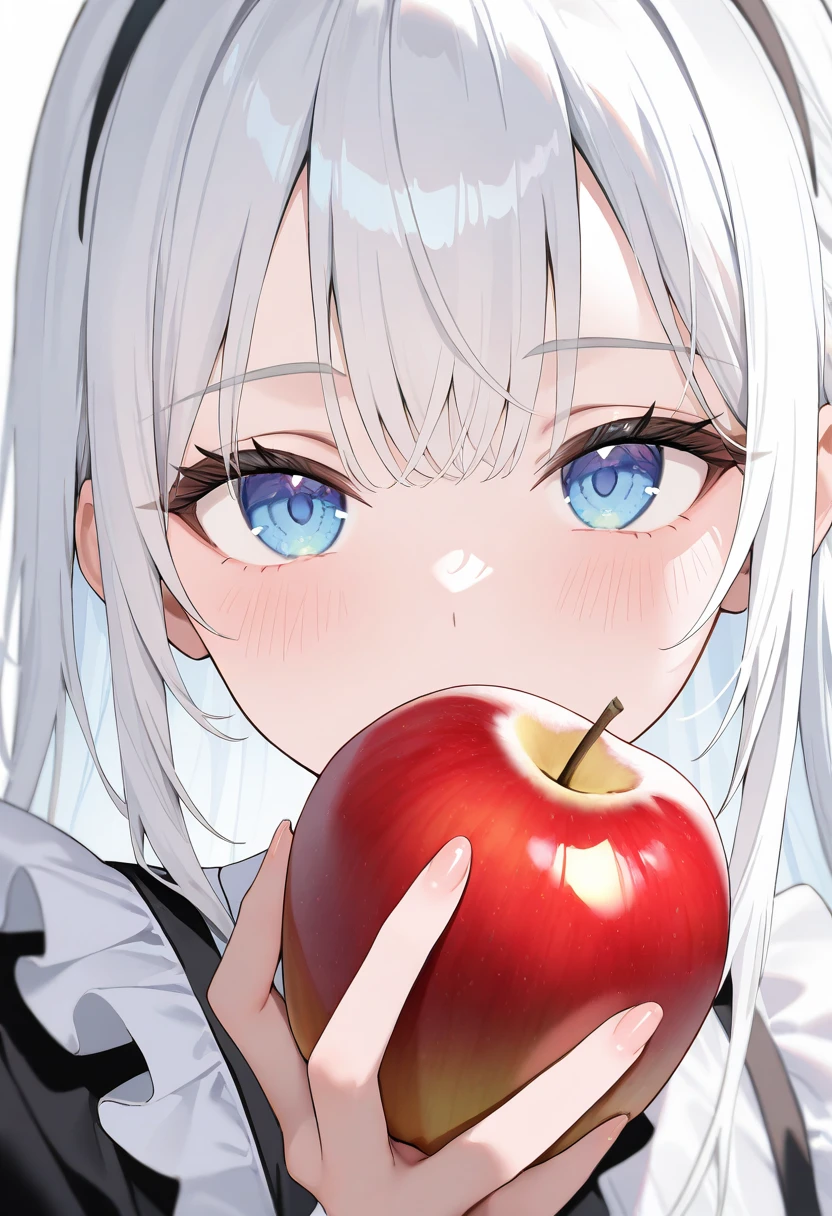 1girl,solo,white hair,long hair,maid,close-up of face,looking at viewer,holding apple,
best quality,newest,highres,absurdres,