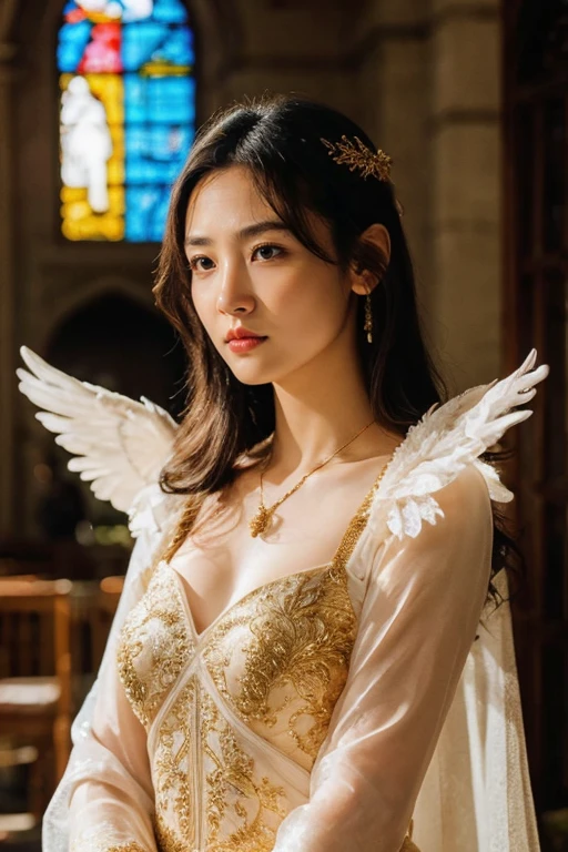 A majestic medieval girl with large, radiant angel wings, standing gracefully in a medieval setting. Her glowing, bright face radiates divine beauty and serenity, with soft golden light emanating from her features. She wears an ornate, flowing gown inspired by medieval fashion, embellished with gold and silver embroidery. Her expression is serene and noble, exuding divine wisdom and strength. Her wings shimmer softly with intricate feather details, framing her figure elegantly. A faint golden halo surrounds her head, amplifying the warm glow on her face. The background features gothic arches and faintly illuminated stained-glass windows, adding a sense of grandeur and mysticism. The atmosphere is ethereal, with soft lighting and a heavenly aura, emphasizing her angelic and majestic presence