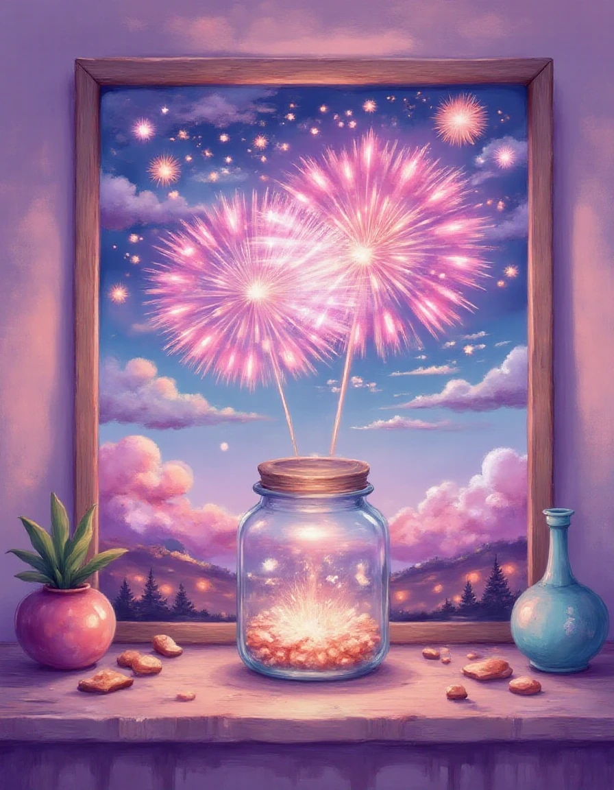 in the style of pastel dream a painting of fireworks in a jar on a shelf.<lora:pastel-dream:1> <lora:fireworks:1>