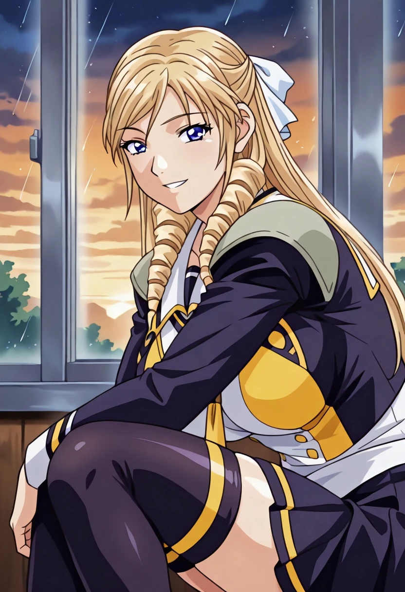 1girl,Leona Morimoto,long hair,blonde hair,drill hair,blue eyes,hair ornament,school uniform,discipline uniformn,two tone clothes,blue and yellow uniform,thigh highs,pleated skirt,side shot,Sitting, leaning forward, elbows on knees,(looking at viewer:1.1),Subtle grin, raised eyebrows,Minimalist studio apartment, open space, light wood accents,Sunset,Light rain, sprinkling, gentle,masterpiece,best quality,newest,absurdres,highres,(highly detailed eyes,perfect eyes:1.1) <lora:Leona_Morimoto_-_Illustriousv3.0:1.0>