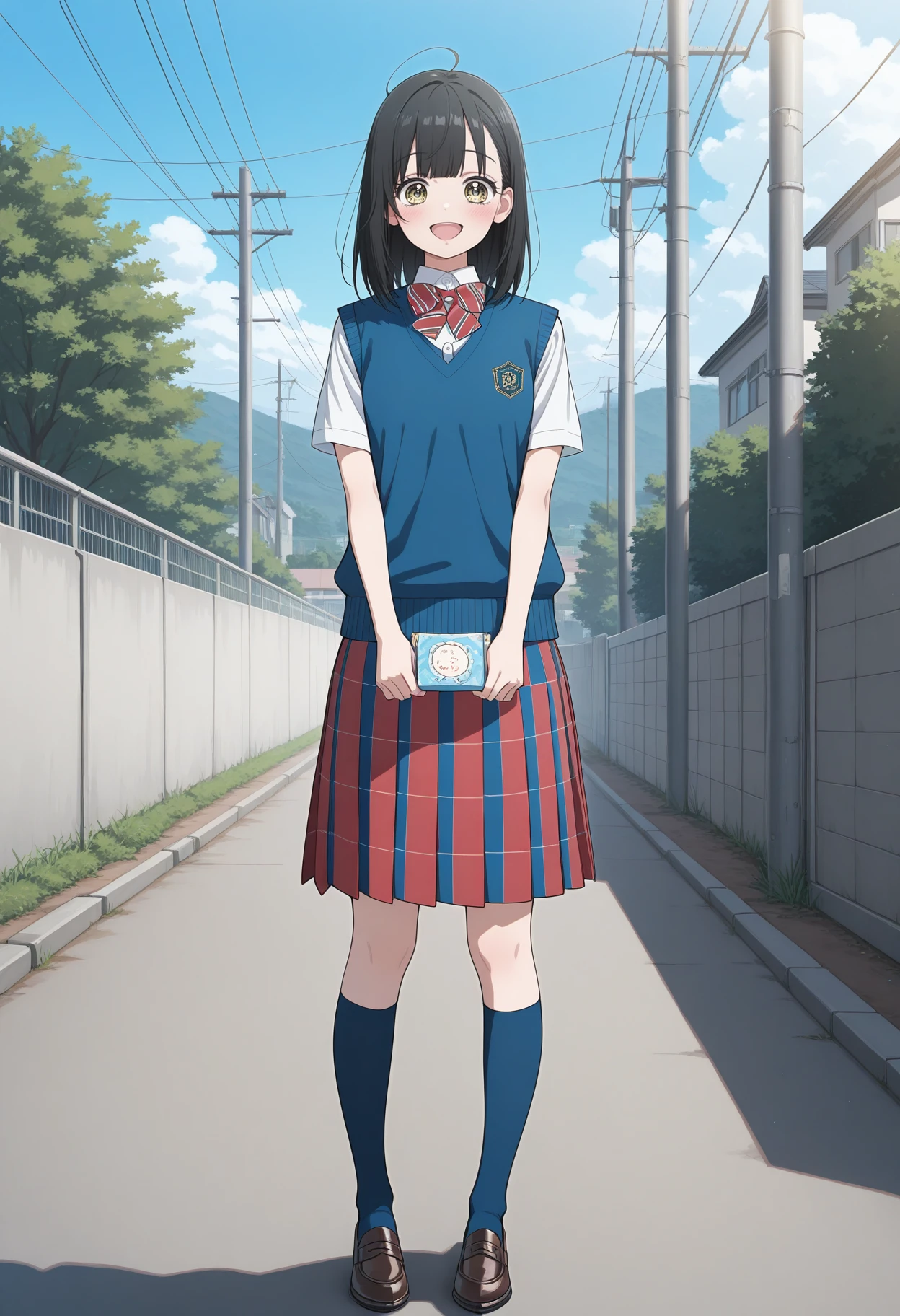 masterpiece, best quality 1girl,solo, black hair, school uniform, outdoors, white shirt, yellow eyes, short sleeves, blue sweater vest, smile, medium hair, looking at viewer, striped bowtie, pleated skirt, blue skirt, power lines, collared shirt, holding, day, red skirt, red bowtie, sky, blush, plaid skirt, standing, closed mouth, ahoge, straight hair, :d, full body,straight-on, blue kneehighs,
<lora:ishimori_uka_meipaws_1:1>