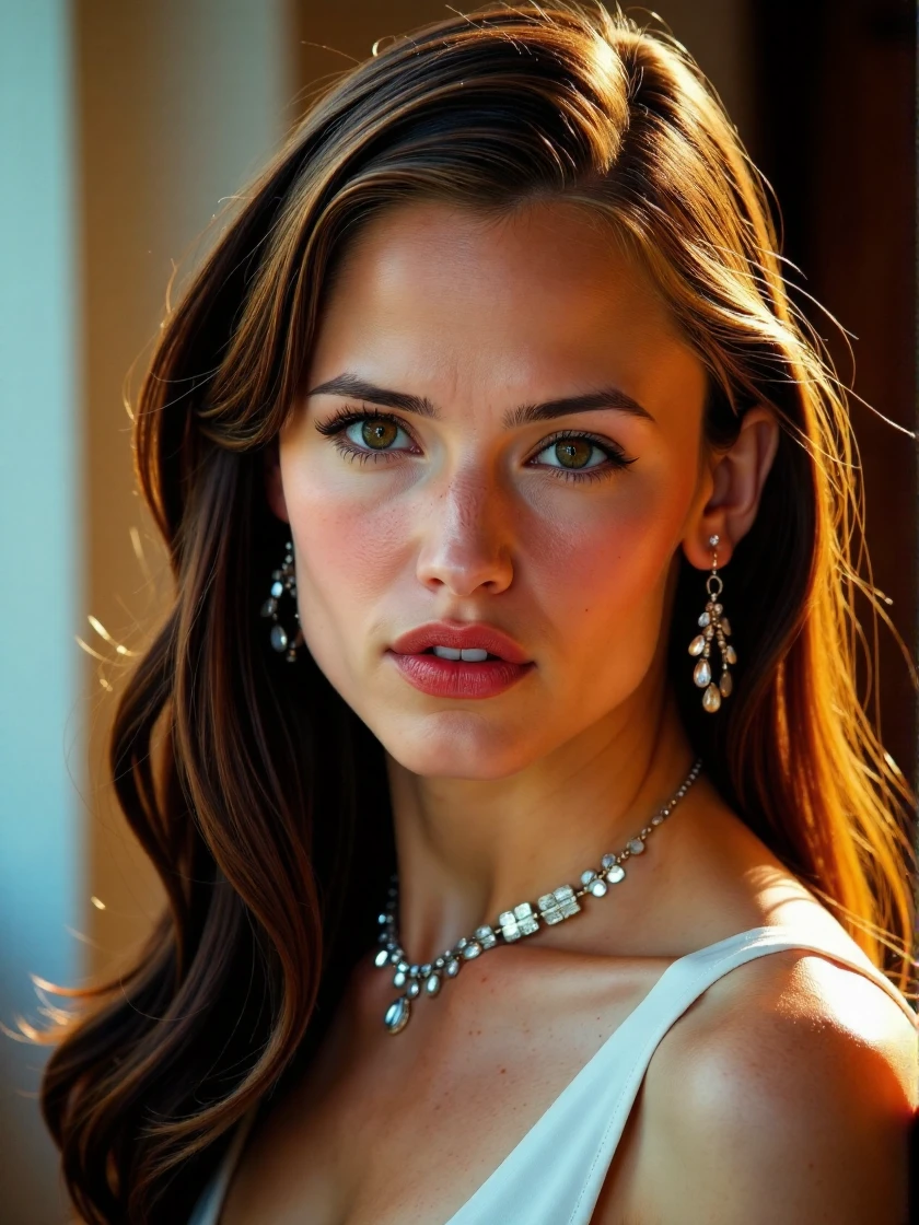 <lora:Jennifer_Garner_Ca2004_v1:1> woman, looking directly at the viewer, looking directly at the camera, making eye contact, looking straight ahead, modest clothes, modest apparel, chest covered, modesty <lora:zz_s_Chest_Size_Slider:-2>, an extremely charismatic and captivating smile, photo, long wavy hair, glow effects, god rays, cinematic, sharp focus, big depth of field, masterpiece, colors, 4k, hyper realistic, vivid colors, extremely detailed, 8k wallpaper, Intricate, High Detail, dramatic. <lora:zz_s_Fluxartis:0.5> A highly detailed cinematic photography.<lora:zz_s_Stylish_Lighting:0.5>, red lips, long eyelashes, hair styled in curls, blush, eyeshadow and eyeliner, lots of extravagant silver and diamond jewelry.âââ