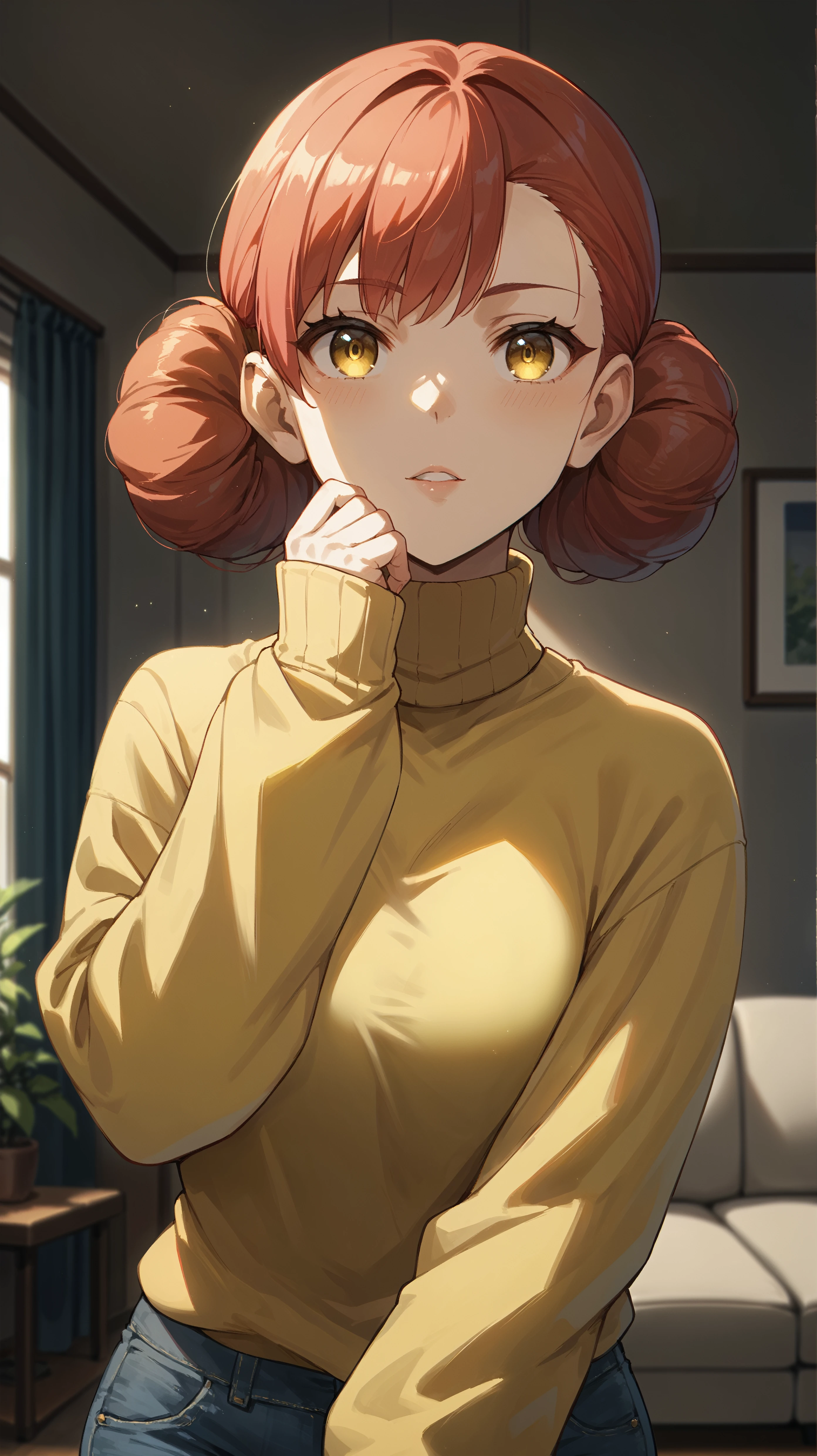 score_9,score_8_up,score_7_up,score_6_up, <lora:xl_more_art-full_v1:0.5>, source_anime, woman, dynamic pose, chin in hand, <lora:Luka - Pony:0.8>, red hair, hair buns, yellow eyes, yellow sweater, turtleneck sweater, jeans, living room, cozy, dim lighting,