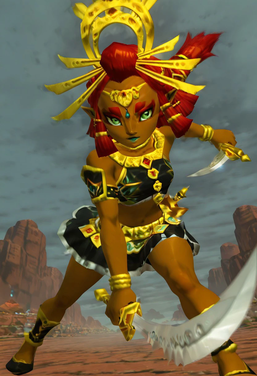 zzRiju, green eyes, red hair, pointy ears, dark skin, hair tubes, midriff, crop top, headpiece, black skirt, leaping forward with a glowing sword in hand, surrounded by crackling lightning bolts, (dynamic pose, foreshortening, detailed sword, aura, lighting), stormy skies in the background, wind whipping her hair and outfit dramatically, intense and electrifying action scene,    ,