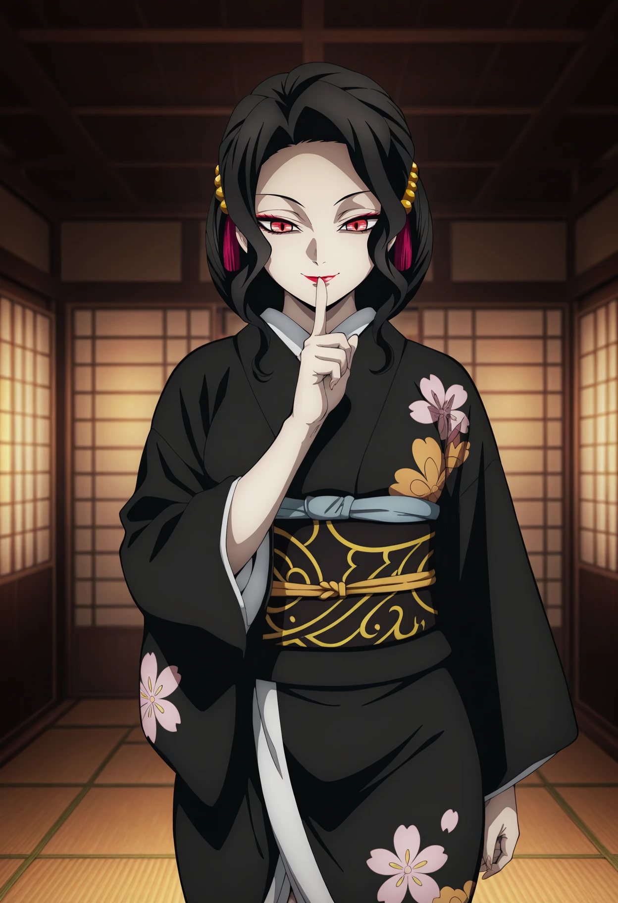 1girl,solo,mm,mature female,black hair,red eyes,makeup,lipstick,hair ornament,anime coloring,
kimono,cowboy shot, shushing, looking at viewer, smile,indoors
,masterpiece,best quality,amazing quality,<lora:Muzan_Kibutsuji-Kimetsu_no_Yaiba_ix:0.8>