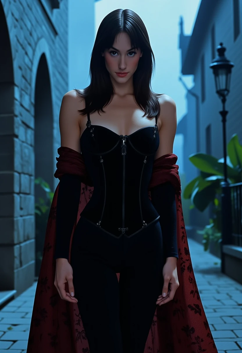 Disney anime, Disney Morph, Disney Style, (2D Animation),
(Close view, three-quarter portrait, Facing us),
dark fantasy aesthetic. , digital artwork of a futuristic, natural colors, , epic. luminescence, ultra realistic, hyper detailed, soft lighting , (Frank Frazetta), epic scale. (detailed digital painting, detailed oil painting). realistic photo, Frank Frazetta, perfect lighting,beautiful illustration,ultra-realistic, modest, beatiful, masterpiece, super detailed, breath taking, best quality. A dark courtyard. There is a woman dance pose. (woman, modest, graphite velvet suit, wide hips, black corset, long sleeves. facing us. black hair, (Fully clothed), black pants, high-fitting boots from Cordoba, brocade maroon cape). (dynamic dance pose).
The background is minimalist, a gradient of shadowy blue tones, gradient dark mystical castle
in fog, smoke, amplifying the ethereal and futuristic ambiance of the scene. The overall composition feels cinematic, blending high fashion with a science fiction aesthetic. . masterpiece, best quality, medium-format camera, high-contrast, dramatic lighting, striking composition, The background is minimalist, a gradient of shadowy blue tones, amplifying the ethereal and futuristic ambiance of the scene. The overall composition feels cinematic, blending high fashion with a science fiction aesthetic.
masterpiece, best quality, medium-format camera, high-contrast, dramatic lighting, striking composition, CPA. DashaAstafieva
. julesari
.