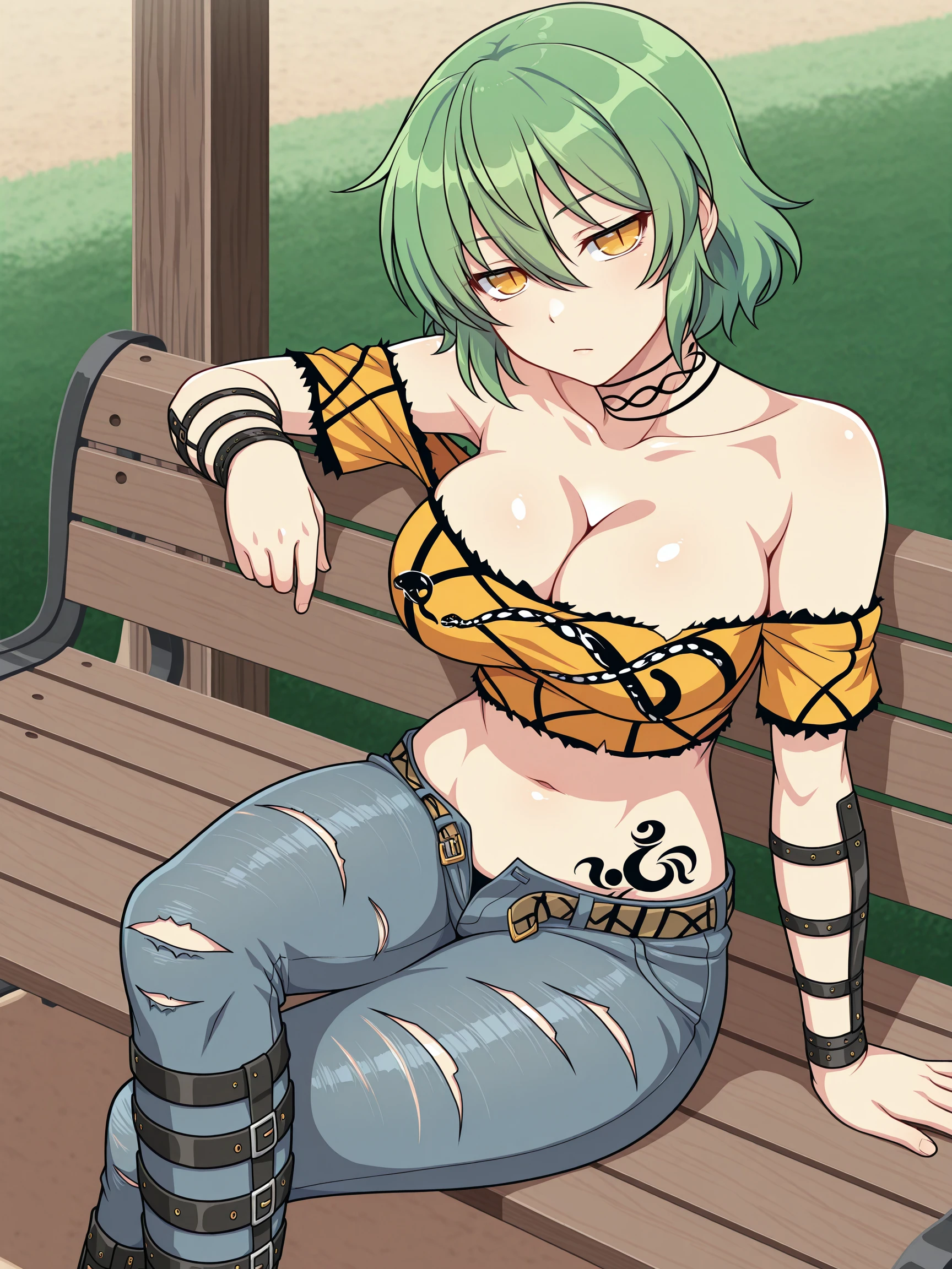 masterpiece, best quality, amazing quality, frostbite
(solo:1.4), Hikage_IL, yellow eyes, slit pupils, green hair, short hair, large breasts, neck tattoo, chest tattoo, stomach tattoo, BREAK, Hikage_Shinobi, yellow crop top, ripped crop top, ripped jeans, unbuckled belt, fly's open, boots, forearm straps, shin straps, snake print
sunset, sitting, bench, crossed legs
<lora:SK_Hikage_IL:1>
<lora:frostbitev2_Illu_dwnsty:0.7>