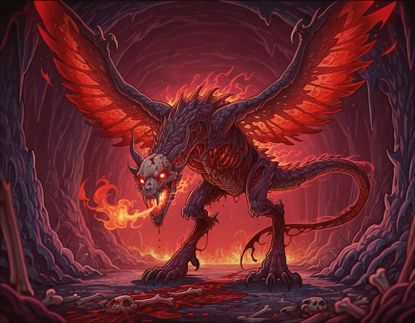 masterpiece, best quality, <lora:World_of_Undead_Illust-000008:0.8> worldofundead, blood, gore, winged dragon, red glowing aura, red glowing eyes, bone plated scales, large tattered wings, breathing fire, in cave,