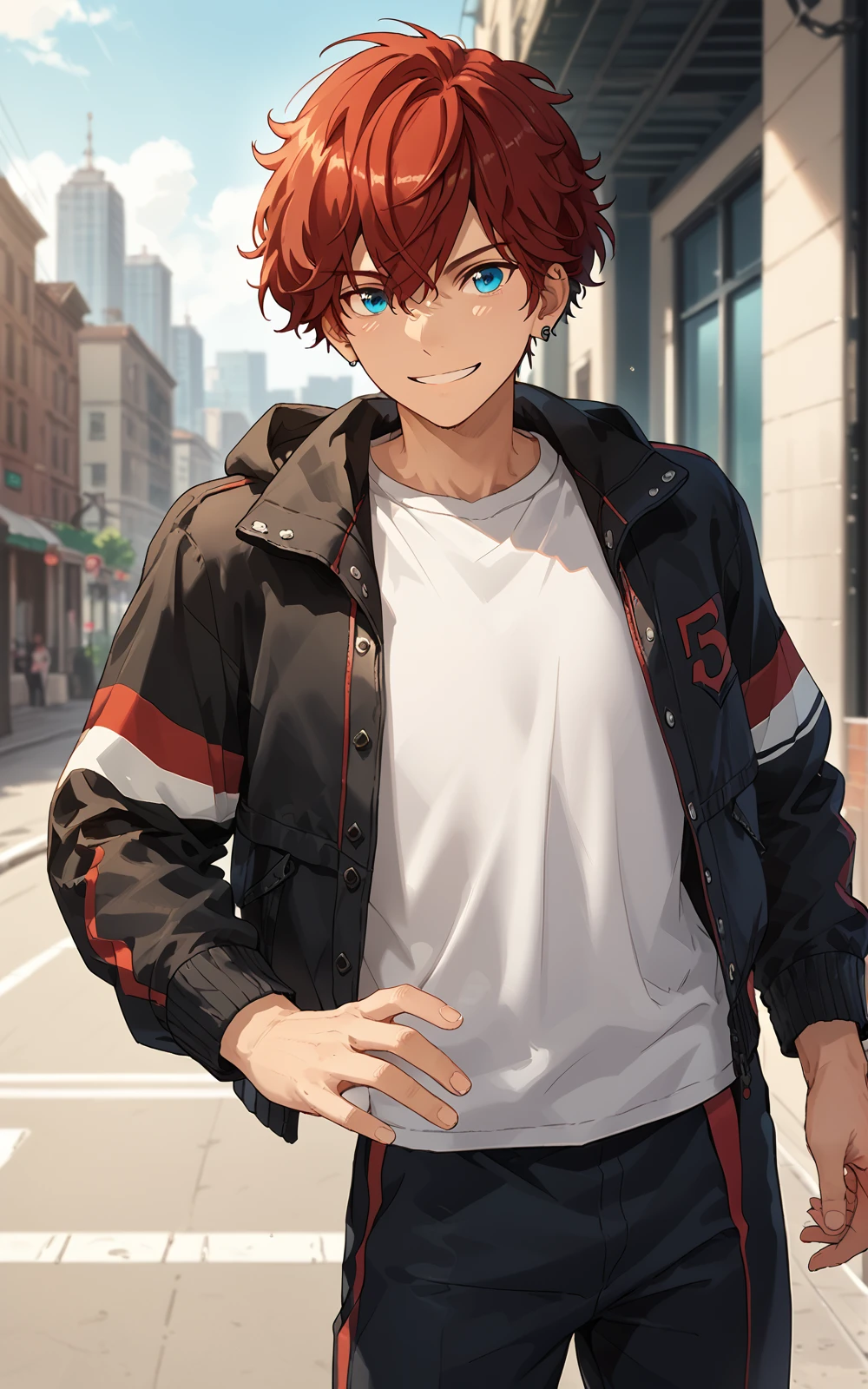 score_9, score_8_up, score_7_up, score_6_up, score_5_up, score_4_up, best quality, masterpiece, outdoor, 
  <lora:hiiro:1> amagi_hiiro, solo, blue eyes, 1boy, male focus, red hair, jacket, pants, shirt, looking at viewer, smile, short hair, jewelry, earrings, hair between eyes