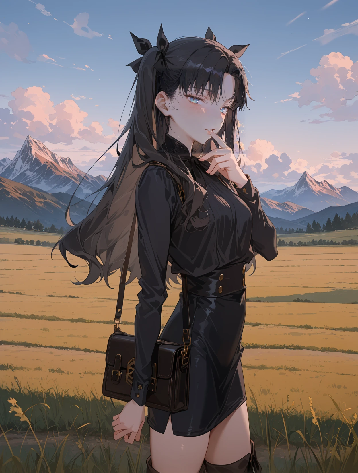 TohsakaRinCYQL,1girl,solo,long hair,black hair,two side up,bangs,parted bangs,ribbon,hair ribbon,black ribbon,blue eyes,pencil skirt, fitted long-sleeved top, high-heeled boots, handbag, feminine, trendy, formal,
BREAK
disdain,looking_at_viewer,finger_biting,,on_side,from side,cowboy_shot,
BREAK
scenery,outdoors,cloud,sky,mountain,cloudysky,grass,field,landscape,mountainoushorizon,nature,,
BREAK
<lora:spo_sdxl_10ep_4k-data_lora_webui:0.5>,<lora:EtherSDXL:0.7>,EtherStyle,<lora:748cmSDXL:0.5>,748cmstyle,<lora:HG2512 by CYQL:0.8>,HG2512,<lora:TohsakaRin_Illustrious by Cyql:1>,
perfect quality,high quality,masterpiece,best quality,amazing quality,very aesthetic,absurdres,newest,