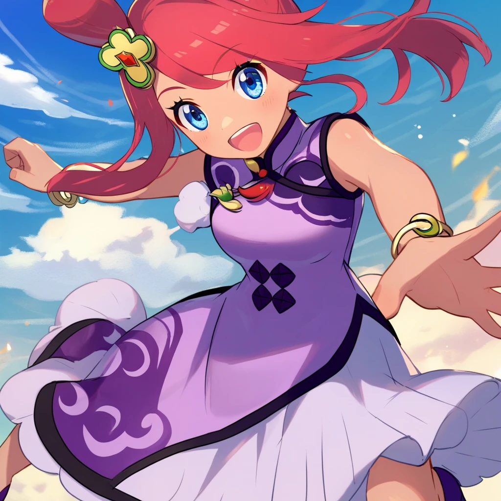 source_anime, score_9, score_8_up, score_7_up, masterpiece, best quality, 1girl, solo, jumping, sky, clouds, anniskyla, dark_skinned_female, red_hair, blue_eyes, chinese_clothes, china_dress, purple_dress, sleeveless_dress, bracelet, hair_ornament, shoes, purple_footwear, high_heels