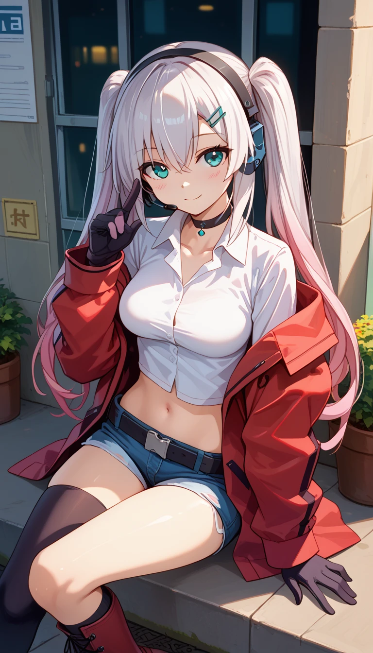 score_9,score_8_up,masterpiece,best quality,correct anatomy,anime_source,1girl,solo,alone,perfect eyes,perfect arms,perfect legs,perfect face,outdoors,upper body,(portrait:1.5),looking at viewer,facing viewer,smile,blush,Lwmmg,headset,very long hair,white hair,gradient hair,pink hair,twintails,hair ornament,hairclip,eyebrows visible through hair,sidelocks,hair between eyes,bangs,aqua eyes,collarbone,black choker,off shoulder,red jacket,open jacket,white shirt,collared shirt,dress shirt,midriff,long sleeves,black gloves,medium breasts,navel,black belt,micro shorts,denim shorts,black thighhighs,single thighhigh,asymmetrical legwear,single sock,black socks,boots,black footwear,<lora:Lwmmg(gf)-Pony:1.4>,