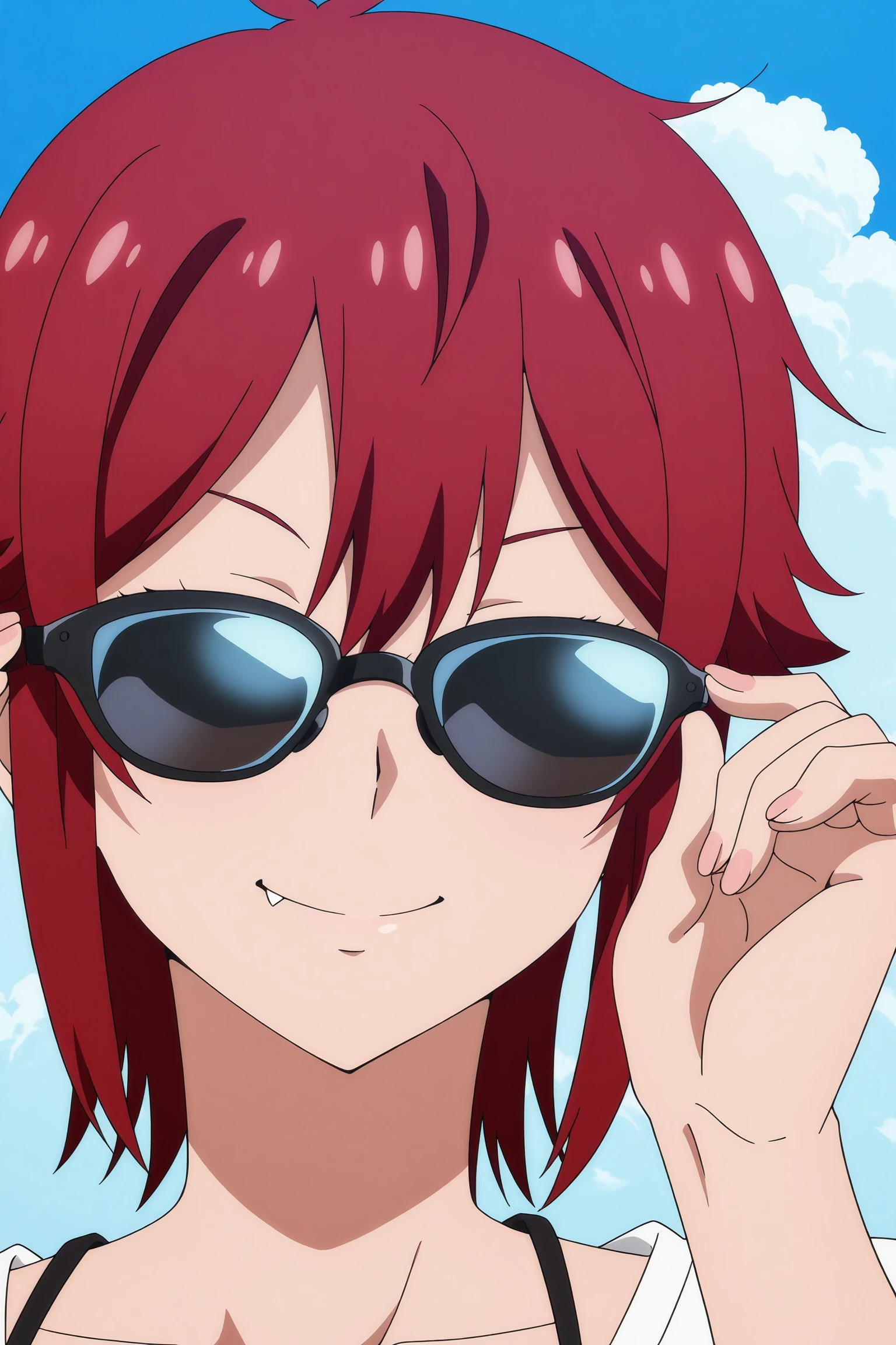 anime coloring, anime screencap, masterpiece, best quality,
<lora:Tomo_Aizawa_Tomo-chan_is_a_Girl_-_Illustrious:.7>,
Tomo Aizawa, fang, red hair, sunglasses, anime coloring, solo, 1girl, parody, smile, adjusting eyewear, sky