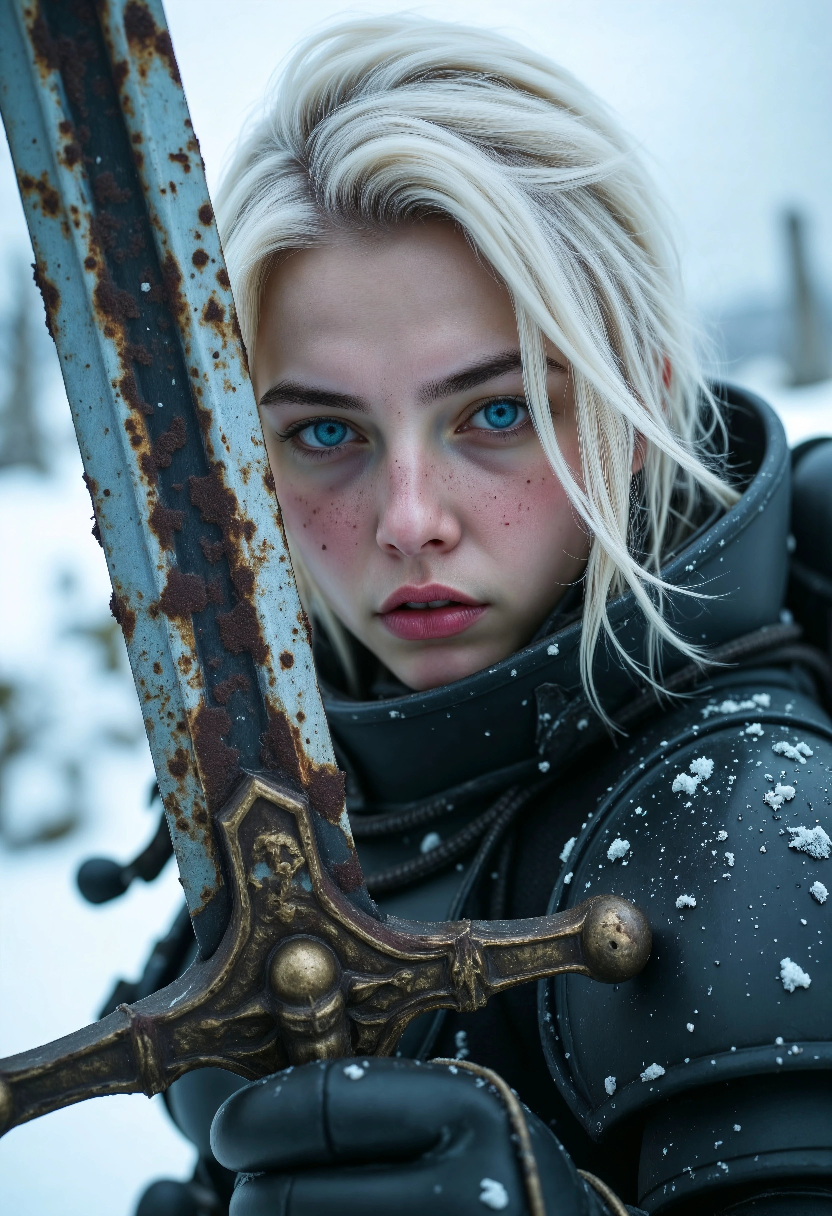 This is a high-resolution close up cinematic shot featuring SisB40K, a woman with pale skin, striking blue eyes, and messy white hair. She has freckles scattered across her cheeks and nose. SisB40K is gripping a rusty sword, and wearing SisB40K armor. positioned in a dynamic, action-oriented pose. The background is a snowy, icy landscape with blurred, jagged structures, suggesting a cold, harsh environment. The image is highly detailed, capturing textures of the snow and the ruggedness of the sword. face focus, eyes focus, hair flowing in the wind, snow particles <lora:FluxSisB40K:1>