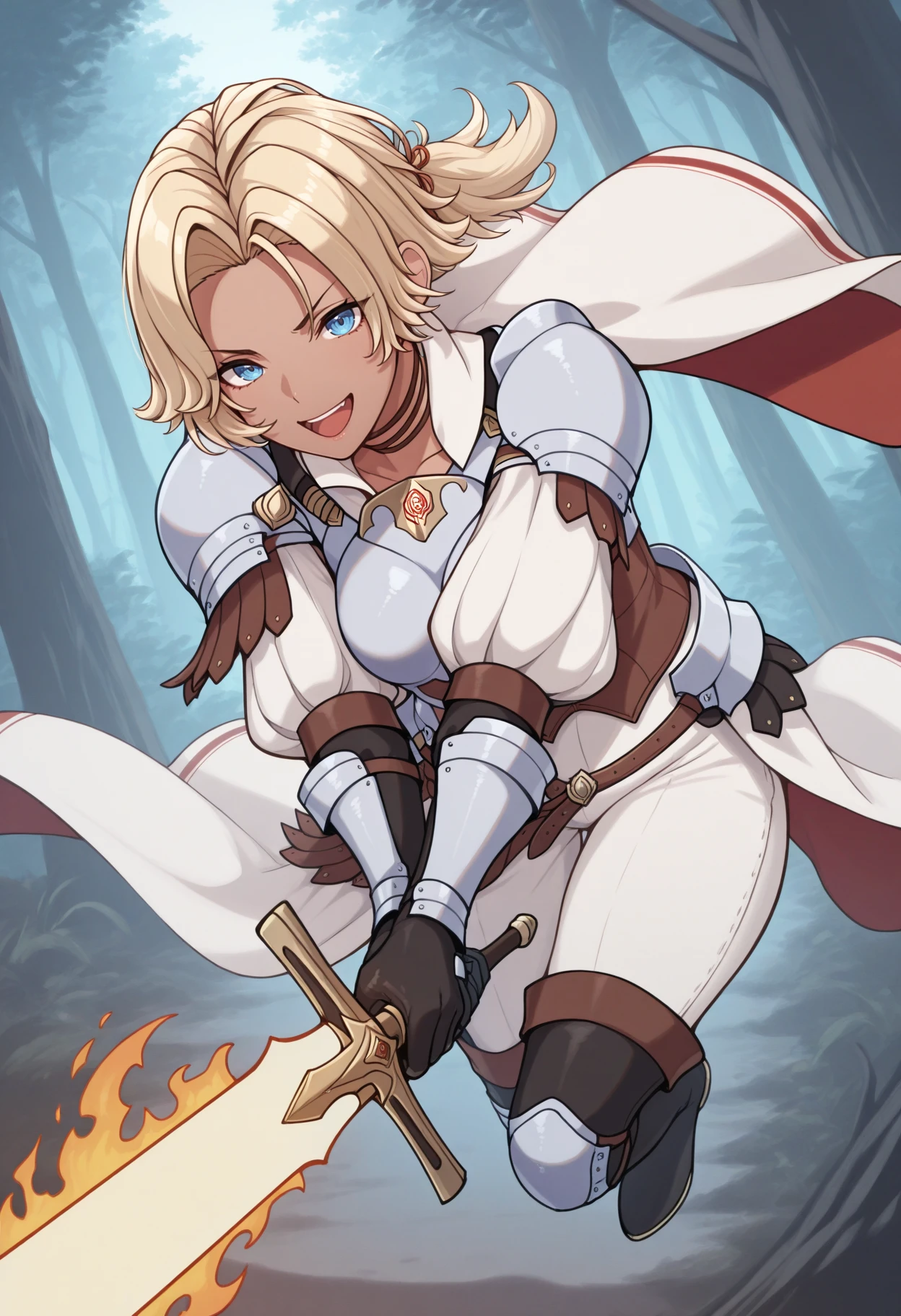 masterpiece, best quality, 1girl, incoming attack, holding sword, looking at viewer, open mouth, upper teeth only, smile, full body, midair, flaming sword, two-handed, <lora:CatherineFE-illu:1> dfCath, blonde hair, short ponytail, curtained hair, blue eyes, dark-skinned female, choker, pauldrons, white capelet, boobplate, puffy sleeves, vambraces, leather gloves, brown corset, waist cape, faulds, brown belt, white pants, thigh boots, knee pads, black footwear, fog, forest, outdoors