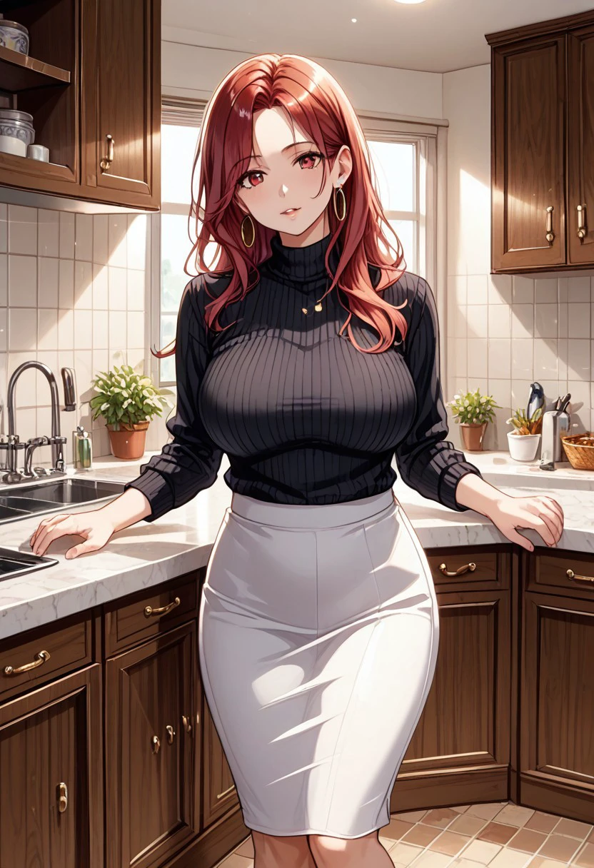 score_9, score_8_up, score_7_up, (masterpiece, detailed:1.2), (best quality:1.2), (High Resolution), (More Details), (8K), (High Resolution), female focus, sharp focus, newest, ultra-detailed, 1girl, solo, mature woman, milf, long hair, red hair, red eyes, , jewelry, earrings, sweater, turtleneck, hoop earrings, black sweater, white skirt, full body, various expressions, various poses, front view, kitchen, house