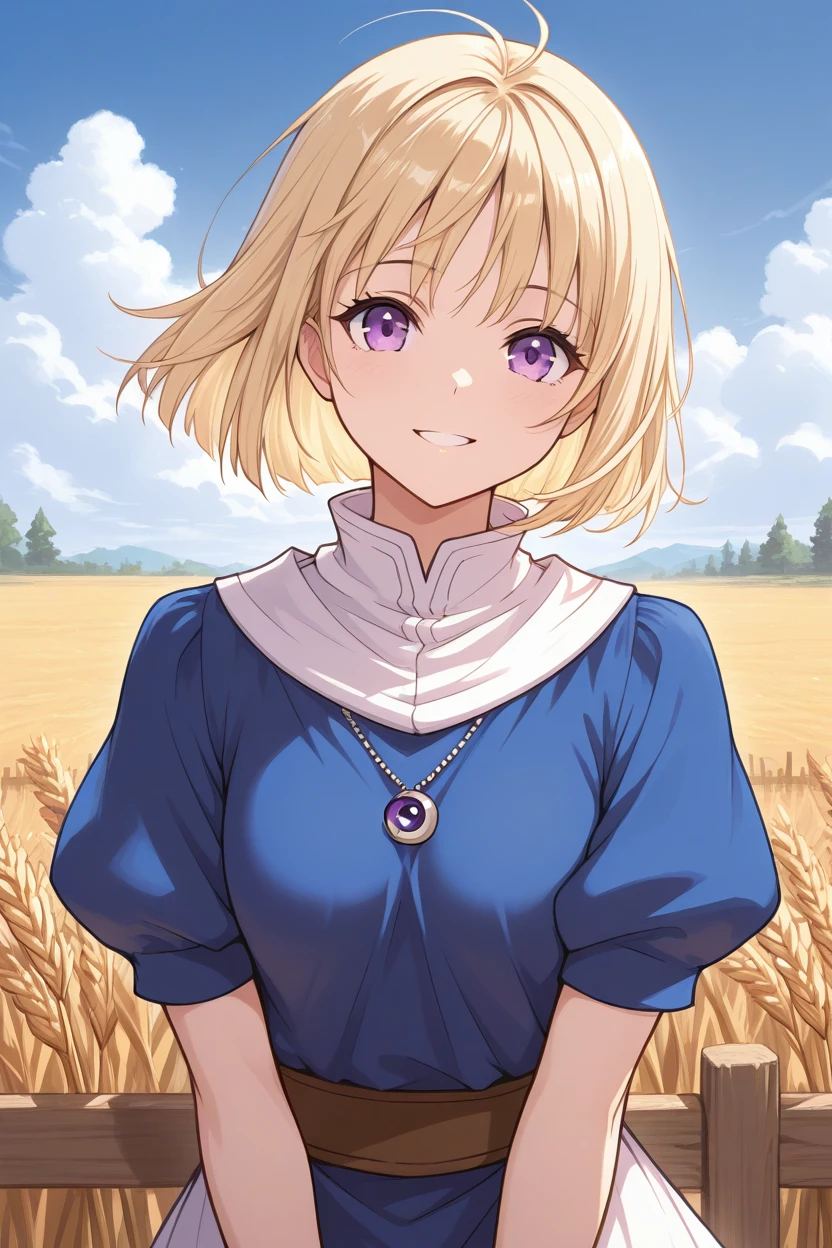 masterpiece, best quality, 1girl, solo, <lora:yselena-illu-nvwls-v1-000006:1> yselena, blonde hair, medium hair, purple eyes, pendant, white and blue tunic, puffy short sleeves, white collar, white skirt, brown belt, wristband, looking at viewer, smile, happy, upper body, field, wheat, fence, blue sky, clouds