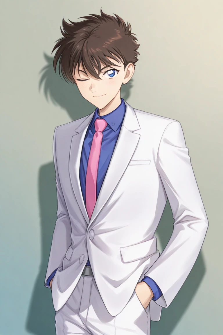 score_9, score_8_up, score_7_up, score_6_up, score_5_up,score_4_up, ,highly detailed, high quality, detailed shading, detailed skin
 masterpiece, best quality, very aesthetic, absurdres, high resolution, newest, cute 
kaito_1412, brown hair, blue eyes, male focus, 1boy, shirt, necktie, suit, smile, formal, collared shirt, short hair, looking at viewer, one eye closed, closed mouth, hands in pockets,  white jacket, blue shirt, white pants, pink necktie