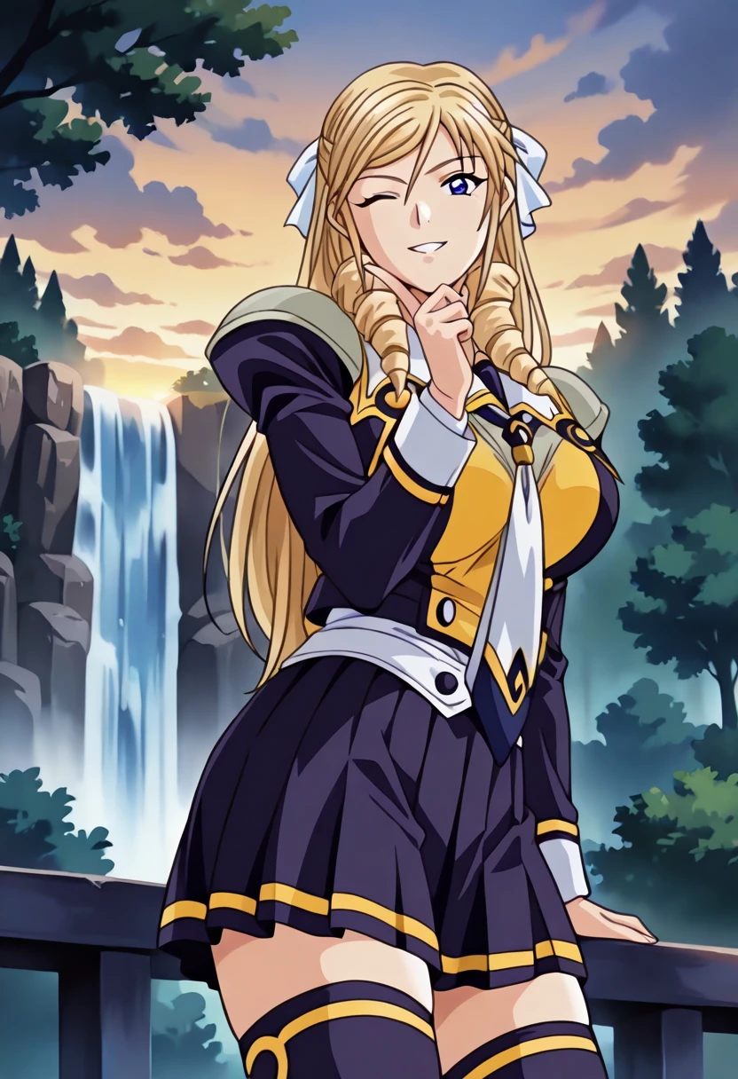 1girl,Leona Morimoto,long hair,blonde hair,drill hair,blue eyes,hair ornament,school uniform,discipline uniformn,two tone clothes,blue and yellow uniform,thigh highs,pleated skirt,cowboy shot,Standing, one hand on chin,(looking at viewer:1.1),Smile,happy expression,parted lips,teeth,wink one eye,Waterfall, mist, rocks, trees,Sunrise,Cloudy, thick, shadowed,masterpiece,best quality,newest,absurdres,highres,(highly detailed eyes,perfect eyes:1.1) <lora:Leona_Morimoto_-_Illustriousv3.0:1.0>