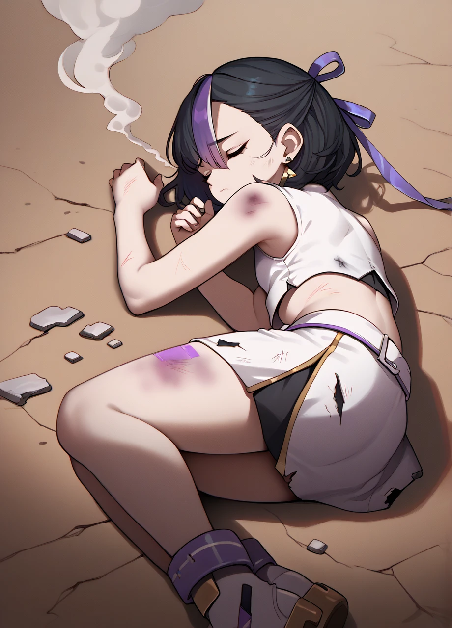 solo, black hair, purple streaked hair, hair ribbon, short hair, purple eyes, earrings, crop top, white sleeveless, skirt, belt, nikkesyuen, syuendef, bruised, yamchapose, lying, on side, closed eyes, smoke, cracked ground <lora:NIKKE_Syuen-PONY:0.8> <lora:Ponyv6XLDoraYamchaPose_v10:0.9>, score_8_up, score_7_up, score_6_up, score_5_up, score_4_up,