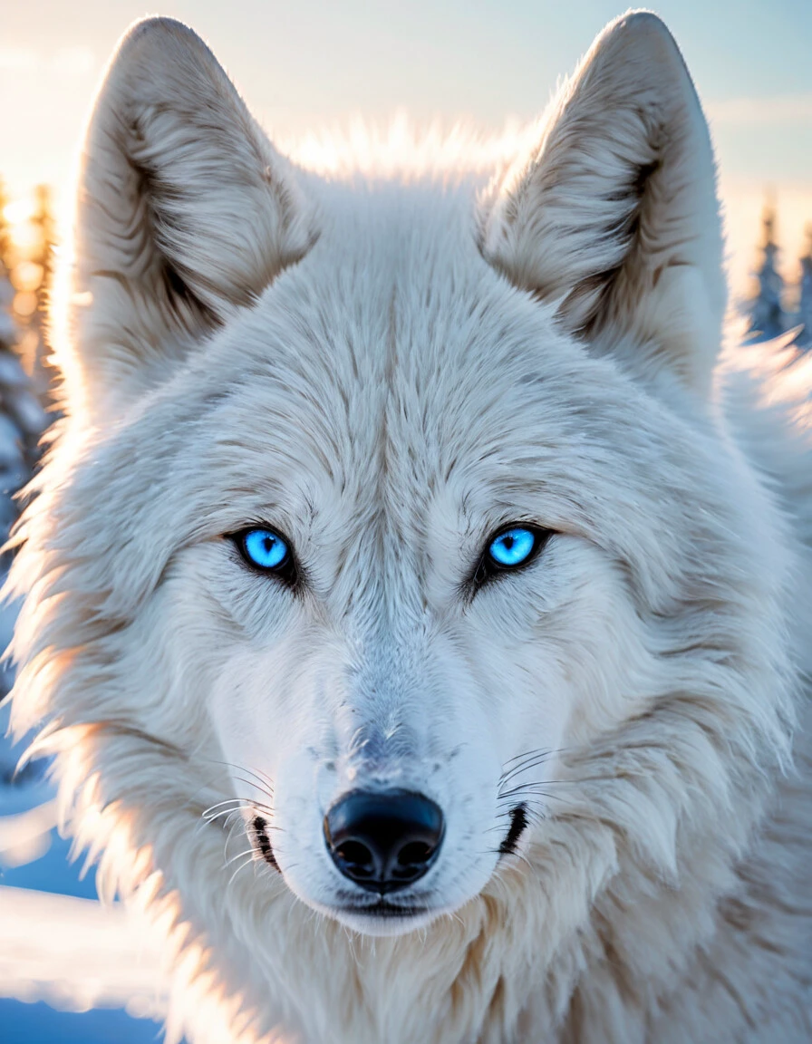 girl with white hair and bright blue eyes looking at viewer, white wolf with bright blue eyes, snowy landscape, close up, 8k, uhd, masterpiece,