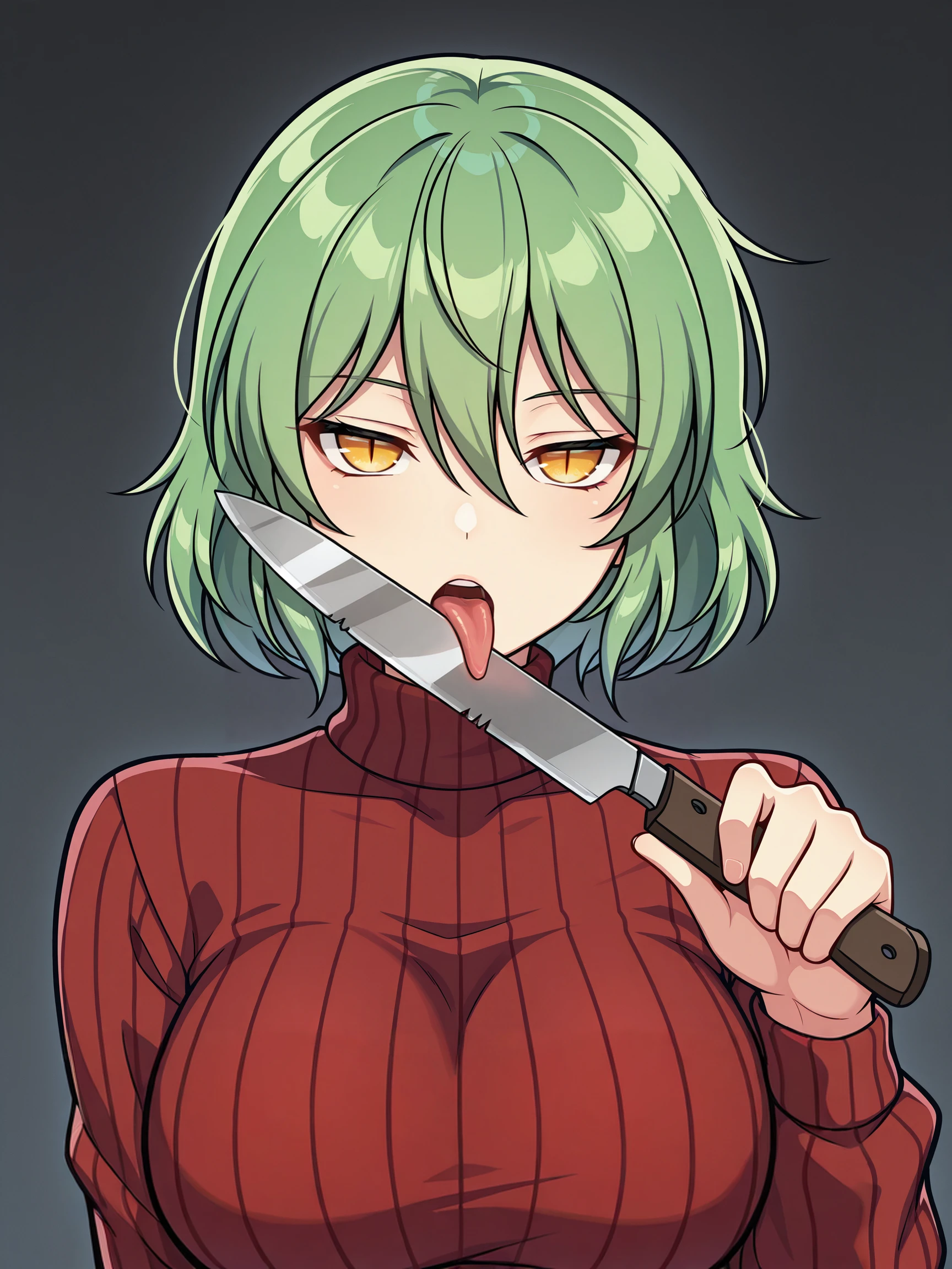 masterpiece, best quality, amazing quality, frostbite
(solo:1.4), Hikage_IL, yellow eyes, slit pupils, green hair, short hair, large breasts, BREAK, Hikage_Casual, red sweater dress
upper body, licking knife, stationery knife
<lora:SK_Hikage_IL:1>
<lora:frostbitev2_Illu_dwnsty:0.7>