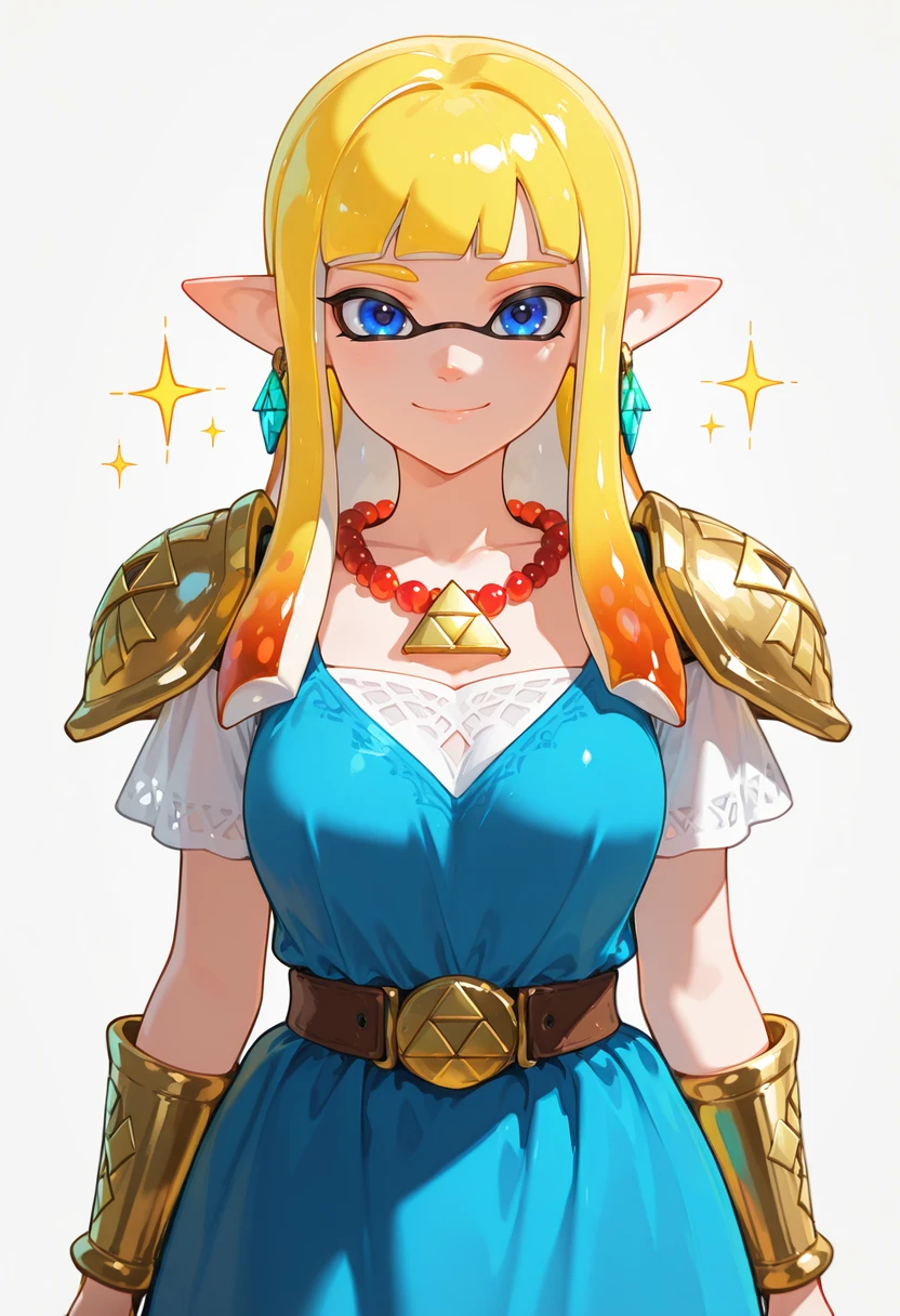 masterpiece, best quality,absurdres, ultra-detailed, high resolution,

inkling, 1girl, jewelry, pointy ears, solo, cosplay, smile, long hair, blonde hair, necklace, blue eyes, triforce, dress, earrings, looking at viewer, sparkle, bangs, short sleeves, shoulder armor, gem, closed mouth, bracer, bead necklace, belt, armor