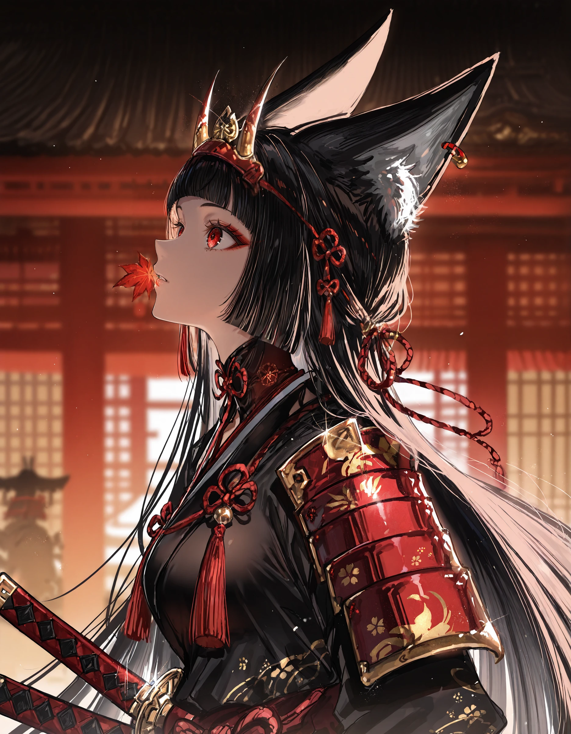 incredibly absurdres, highres, masterpiece,best quality, newest, <lora:g1gzagu123:1>,g1gzagu123_illu,1girl, animal ears, sword, red eyes, weapon, black hair, solo, long hair, armor, mouth hold, blunt bangs, katana, from side, bangs, fox ears,depth of field, light particles, incredibly absurdres, highres, masterpiece, newest