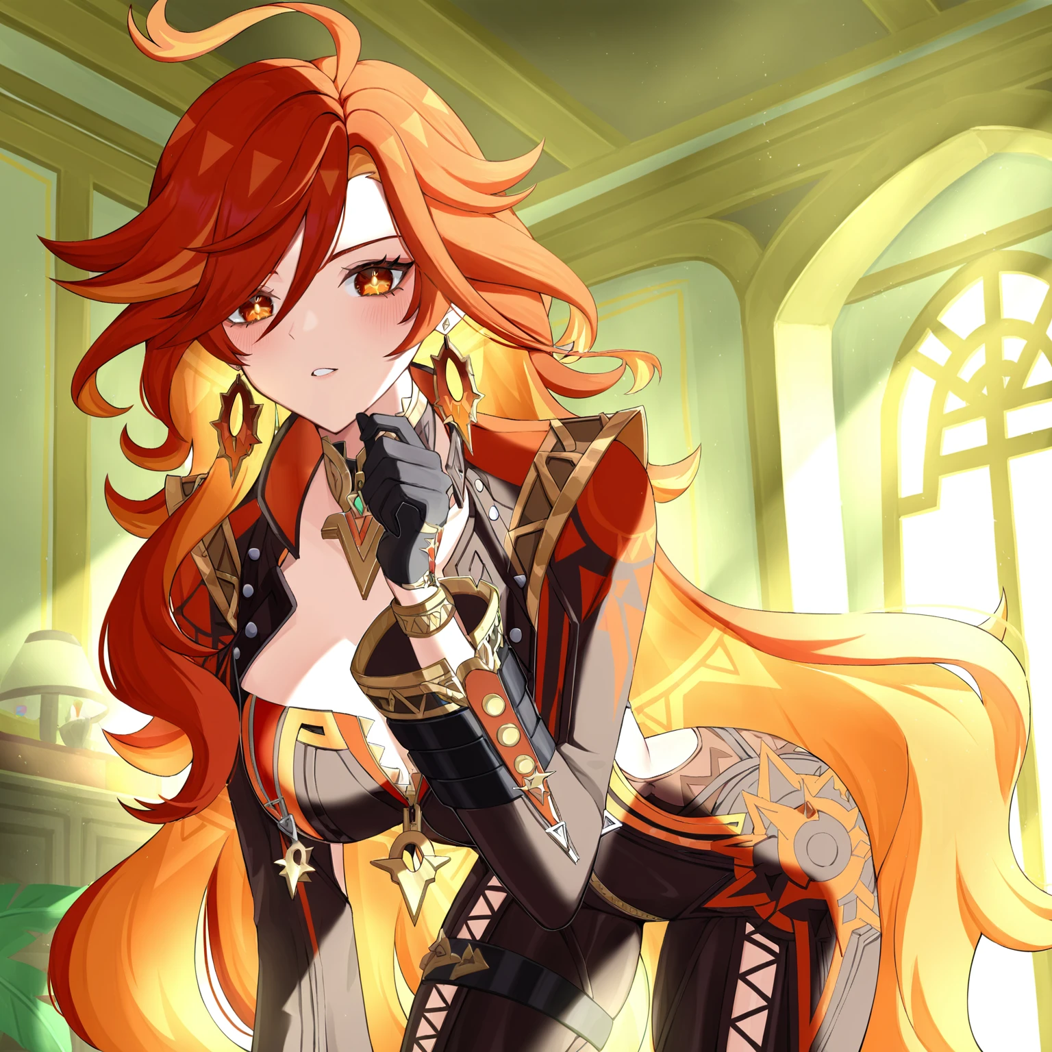 <lora:mavuika:0.9>,mavuika \(genshin impact\),1girl,red hair,long hair,gloves,bodysuit,black gloves,earrings,jacket,biker clothes,indoors,, masterpiece, best quality, good quality, newest, very awa, absurdres, highres,