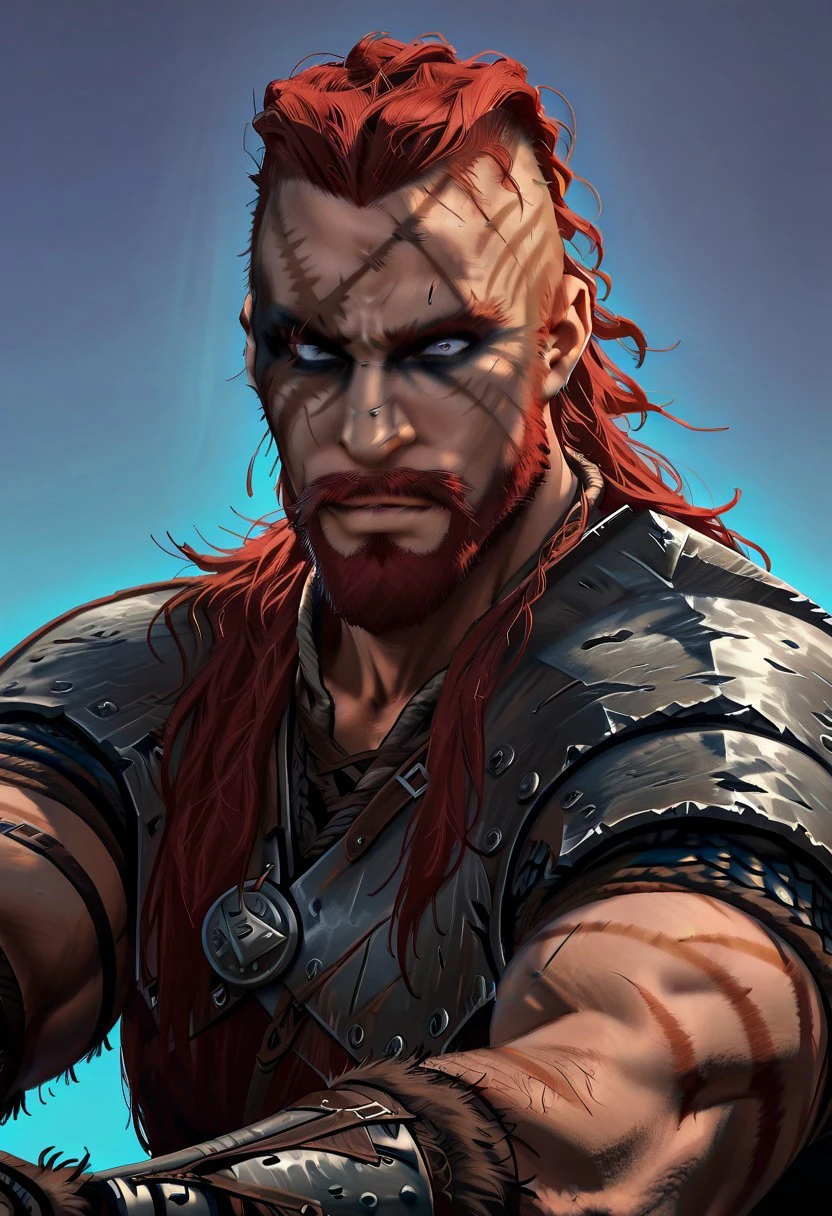 masterpiece, best quality, newest, absurdres, highres, Vinlandsagastyle-IL.V1.0, VikingWarPaint-V1.0, warpaint, facepaint, makeup, 1boy, viking, red hair, beard, facial hair, mustache, scar, scar on face, scar over eye, armor, muscular, muscular male,