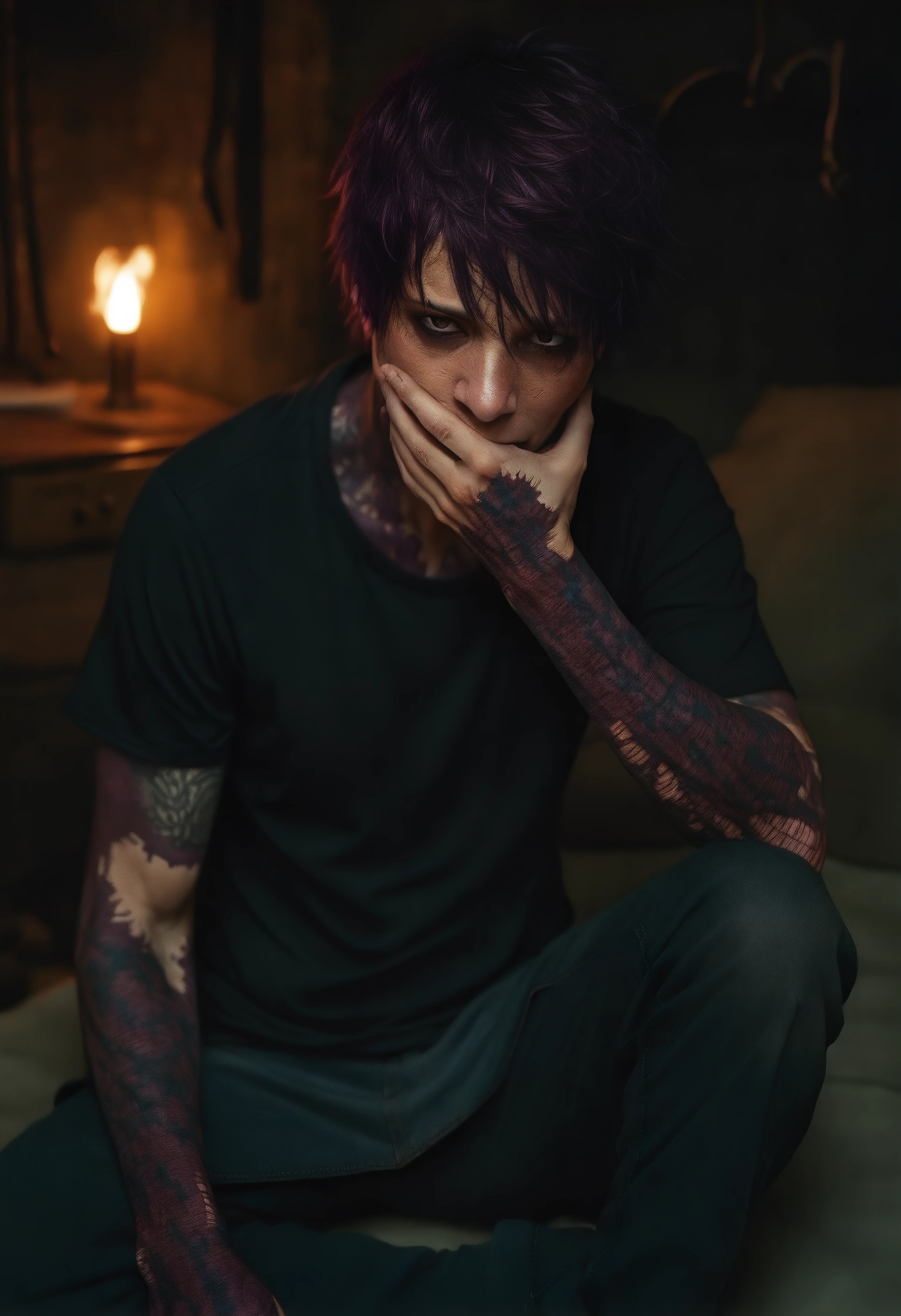 dabi,black shirt,hand over mouth, dark room, masterpiece, photorealistic, detailed
