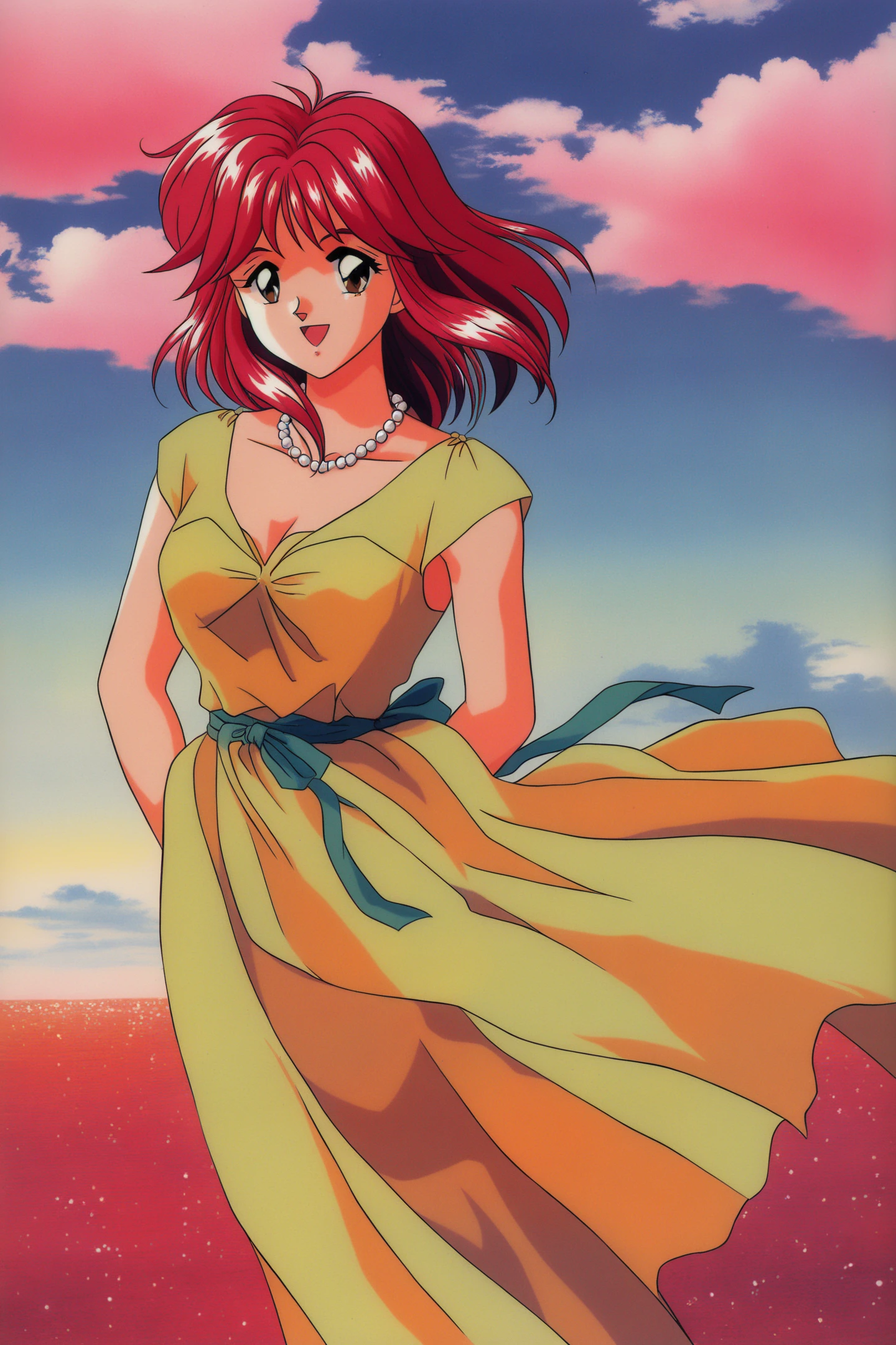 Yuuko Asahina,1girl,solo,jewelry,necklace,dress,retro artstyle,red hair,open mouth,dress,1990s (style),medium hair,brown eyes,smile,pearl necklace,sky,cloud,
<lora:Tokimeki Memorial_illustriousXL:0.8>,