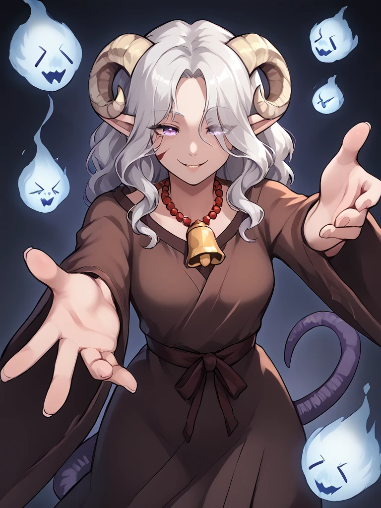 source_anime,score_7_up, cowboy shot, pointy ears, tiefling, silver hair, ivory sheep horn, open eyes, looking at viwers,
<lora:whisker_markings:0.8>red whisker_markings:1.7, silver long wavy hair, bell necklace, short pointy ears, purple eyes, <lora:age_slider_v4:1> purple pupils,rat tail, shirt, purple eyes, <lora:Test_Diana:0.7> tiefling_bard_diana:1.2,
<lora:Erin Danua prefectPonyxl:0.3> white hair, parted bangs, hair over one eye, open eyes:1.5, smile, ghost, close up, spirit,
dark background, dim:1.2, <lora:Hitodama:1> Hitodama, outstretched hands, medival brown robe, medival,