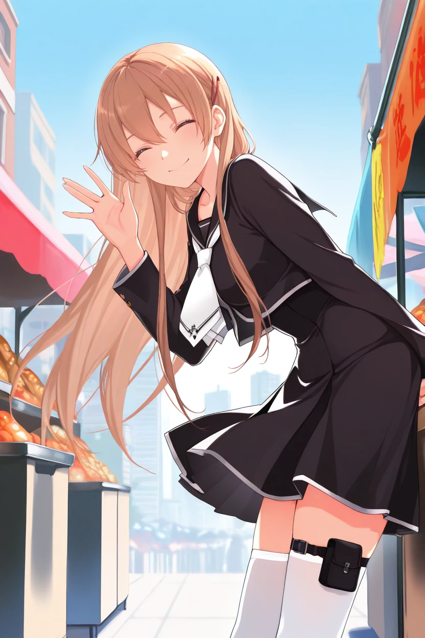 masterpiece, best quality, 1girl, solo, <lora:hiiragiasuka-illu-nvwls-v1-000006:1> txasuka, light brown hair, long hair, hairclip, black shirt, black sailor collar, white necktie, long sleeves, black skirt, white thighhighs, thigh strap, blue sky, from side, looking at viewer, happy, waving, closed eyes, leaning forward, city, market