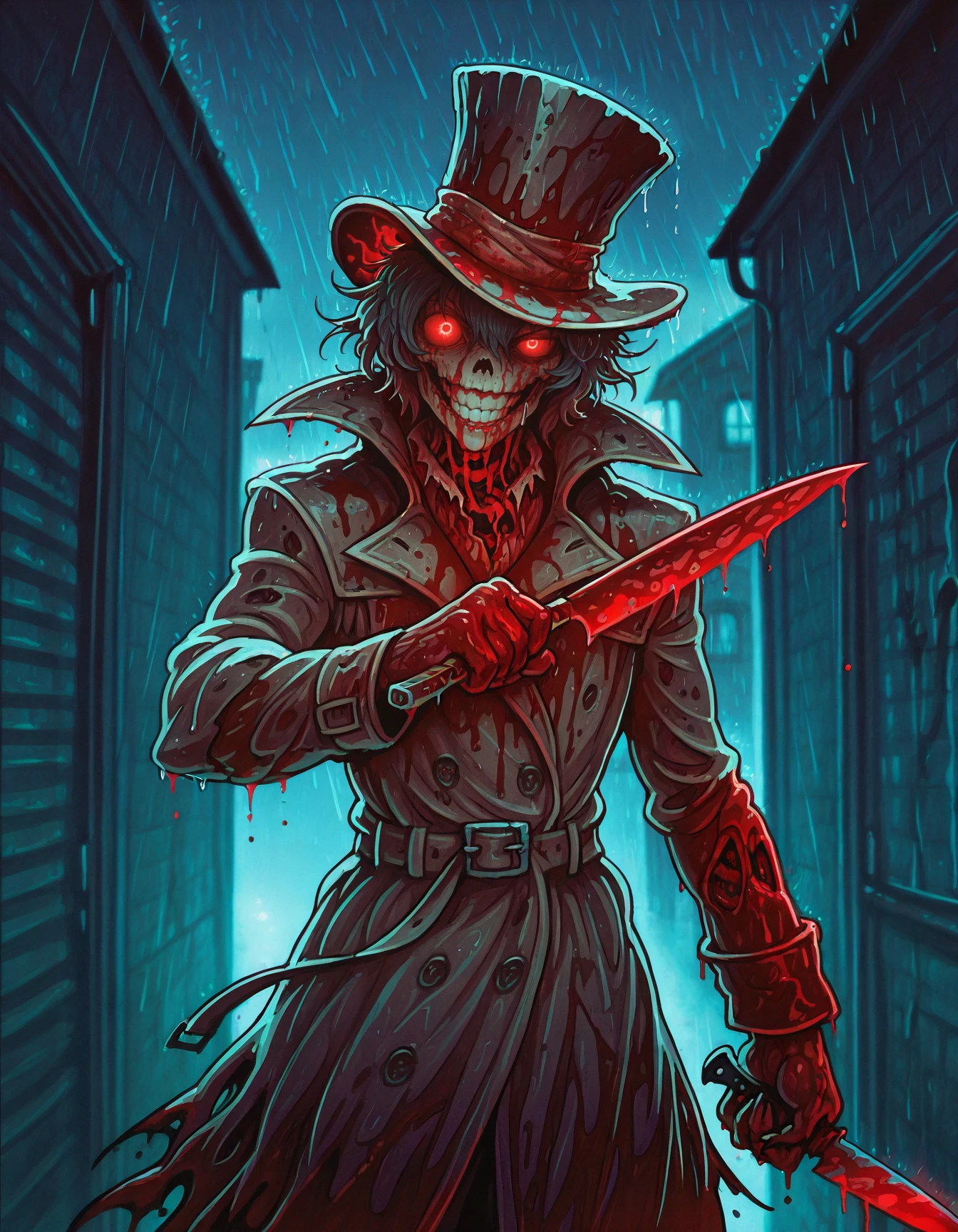 masterpiece, best quality, <lora:World_of_Undead_Illust-000008:0.8> worldofundead, blood, gore, 1boy, trench coat, top hat, wide grin, black messy hair, holding knife, red glowing eyes, in alleyway, at night, dark blue sky, looking at viewer, trench coat, raining, portrait, cowboy shot ,big ben,