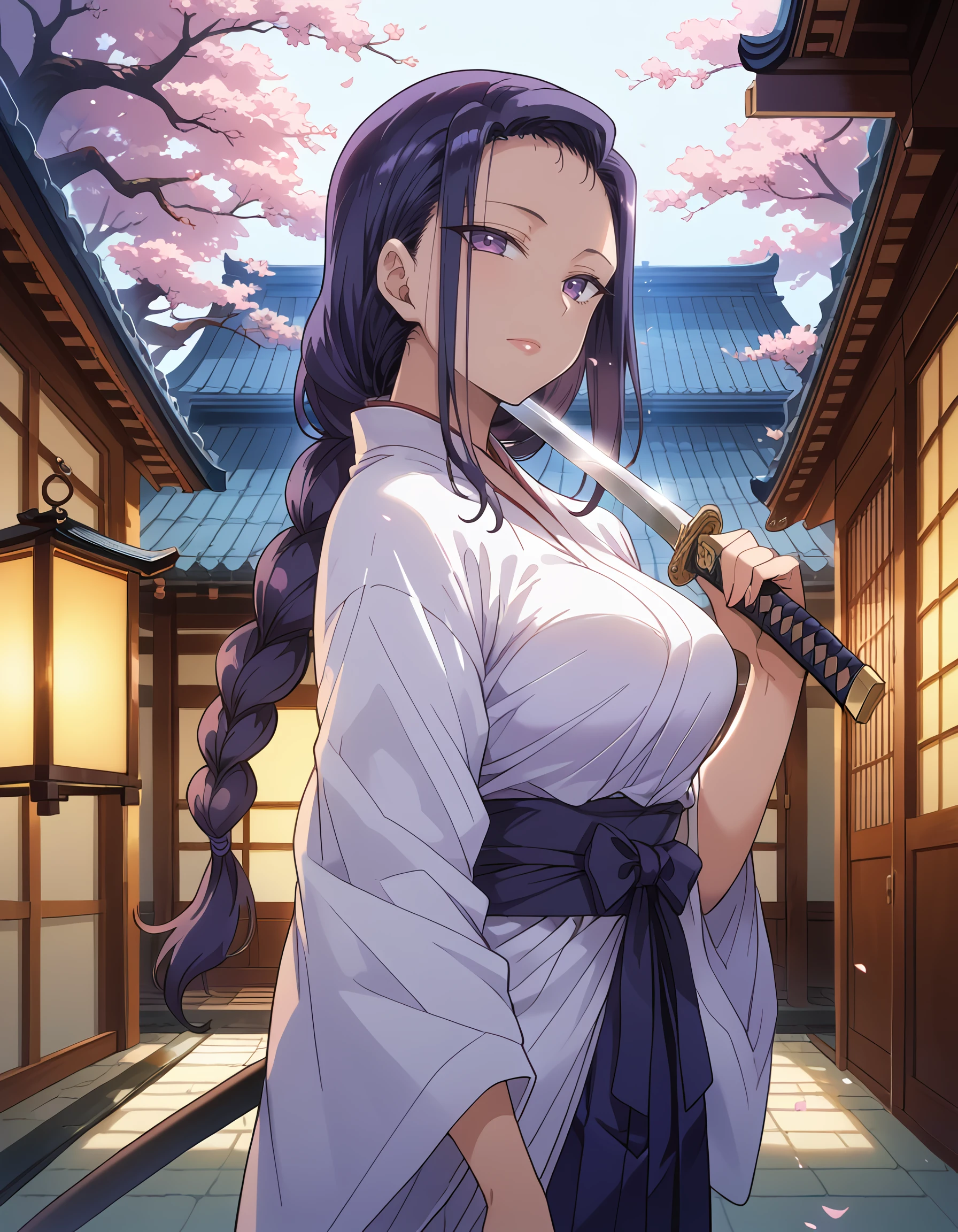 <lora:tsubaki_pony:1> score_9, score_8_up, score_7_up,source_anime, rating:safe, tsubaki, long_hair, black_hair, purple_hair, braid, purple_eyes, mature_female, japanese_clothes, 1girl, architecture, asian, breasts, cherry_blossoms, east_asian_architecture, from_side, hakama, head_tilt, holding, holding_sword, holding_weapon, katana, lantern, light_particles, looking_at_viewer, medium_breasts, sheath, solo, sword, unsheathing, weapon, dark, shadow, spotlight, masterpiece, detailed, best_quality