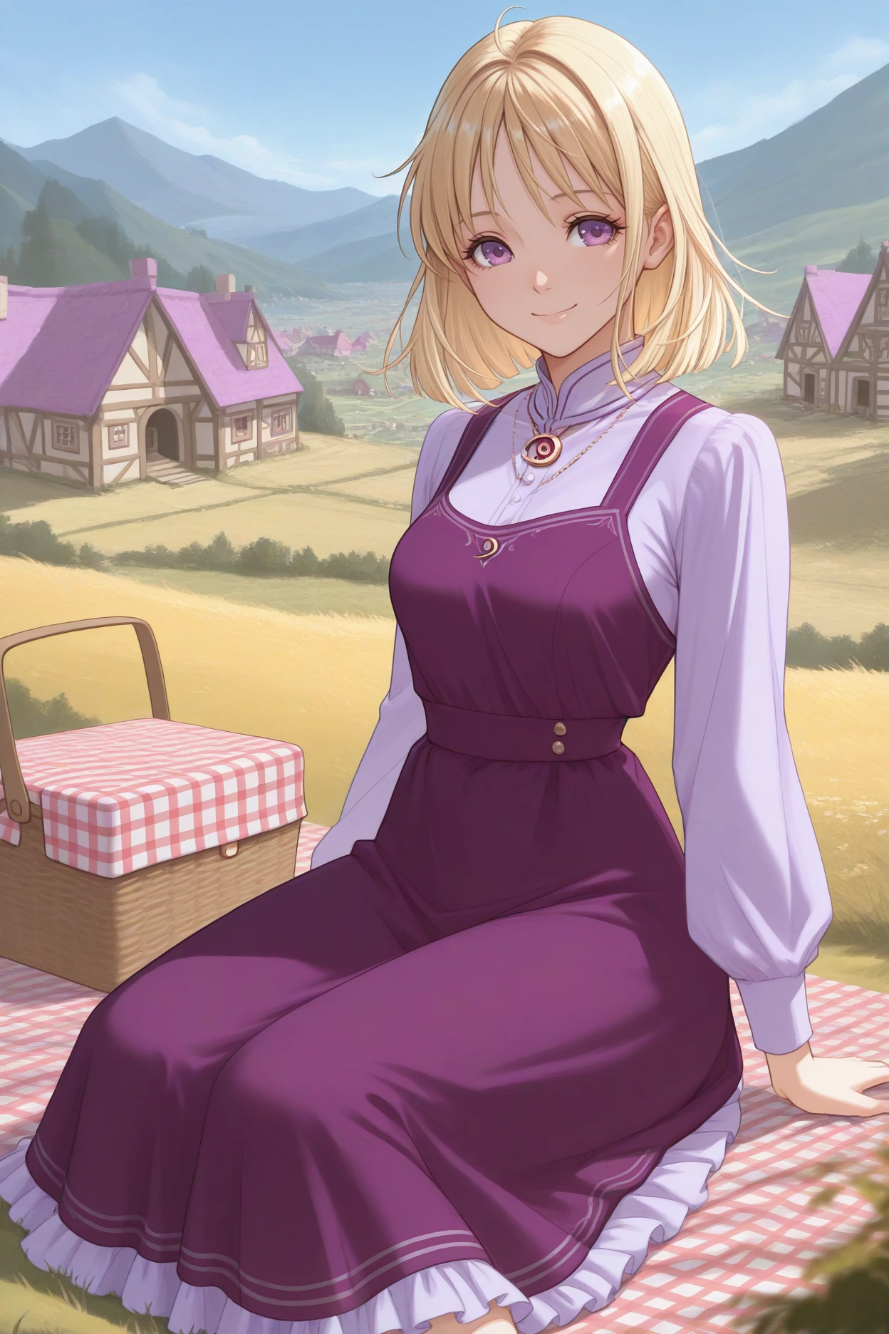 masterpiece, best quality, 1girl, solo, <lora:yselena-illu-nvwls-v1-000006:1> yselena, blonde hair, medium hair, purple eyes, pinafore dress, purple dress, frilled dress, sleeveless dress, blue sky, village, sitting on ground, picnic basket, smile