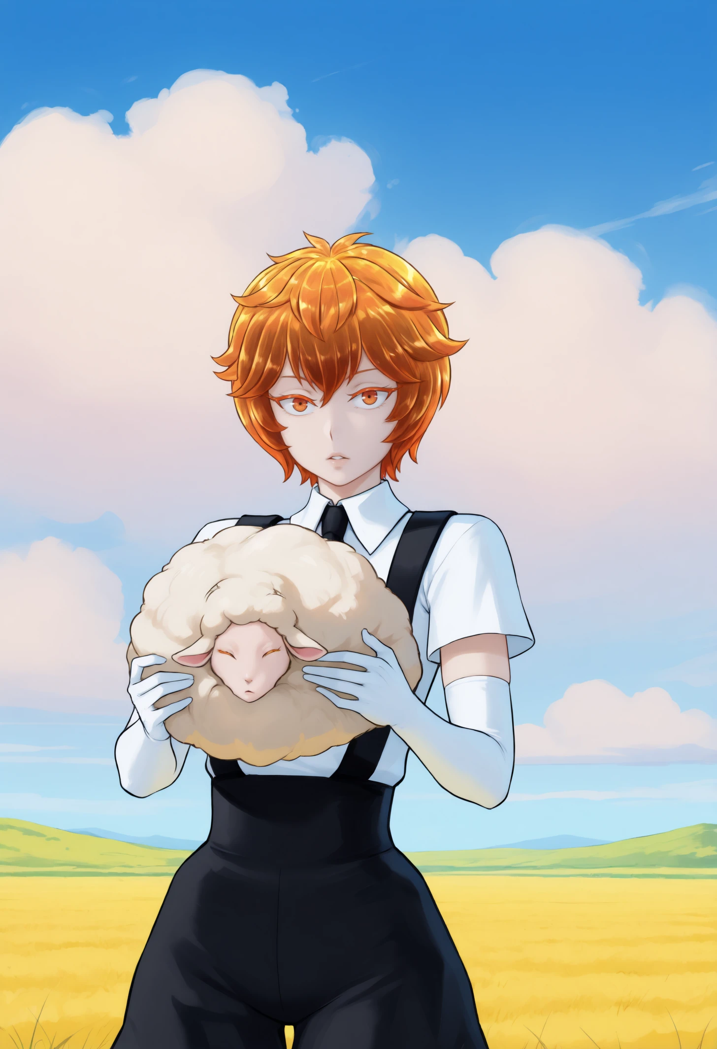 masterpiece, best quality, 1other, androgynous, light skin, colored skin, orange eyes, colored eyelashes, orange hair, crystal hair, short hair,
white collared shirt, short sleeves, black necktie, elbow gloves, white gloves, black suspender shorts,
looking at viewer, expressionless, parted lips, talking, holding sheep, fluffy sheep, lifting animal, hands up,
outdoors, blue sky, clouds, scenery,
<lora:Zircon-Houseki-no-Kuni-NoobAi-1.1_V1-Manityro-CAME:1.0>