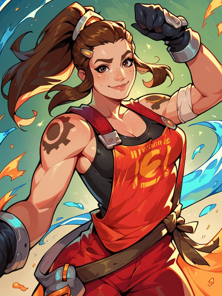score_9, score_8_up, score_7_up, 1girl, dynamic pose, cowboy shot, looking at viewer, sexy pose, sexually suggestive, light smile, dutch angle, mechanics workshop, from side,
<lora:ABriggite_character:0.8>, BriggiteXL, brown eyes, brown hair, ponytail, hair pulled back, freckles, hairclip, sidelocks,, shoulder tattoo, tank top, red overalls, black gloves, navel,, <lora:2XKO_style-10:0.8> 2XKO,,