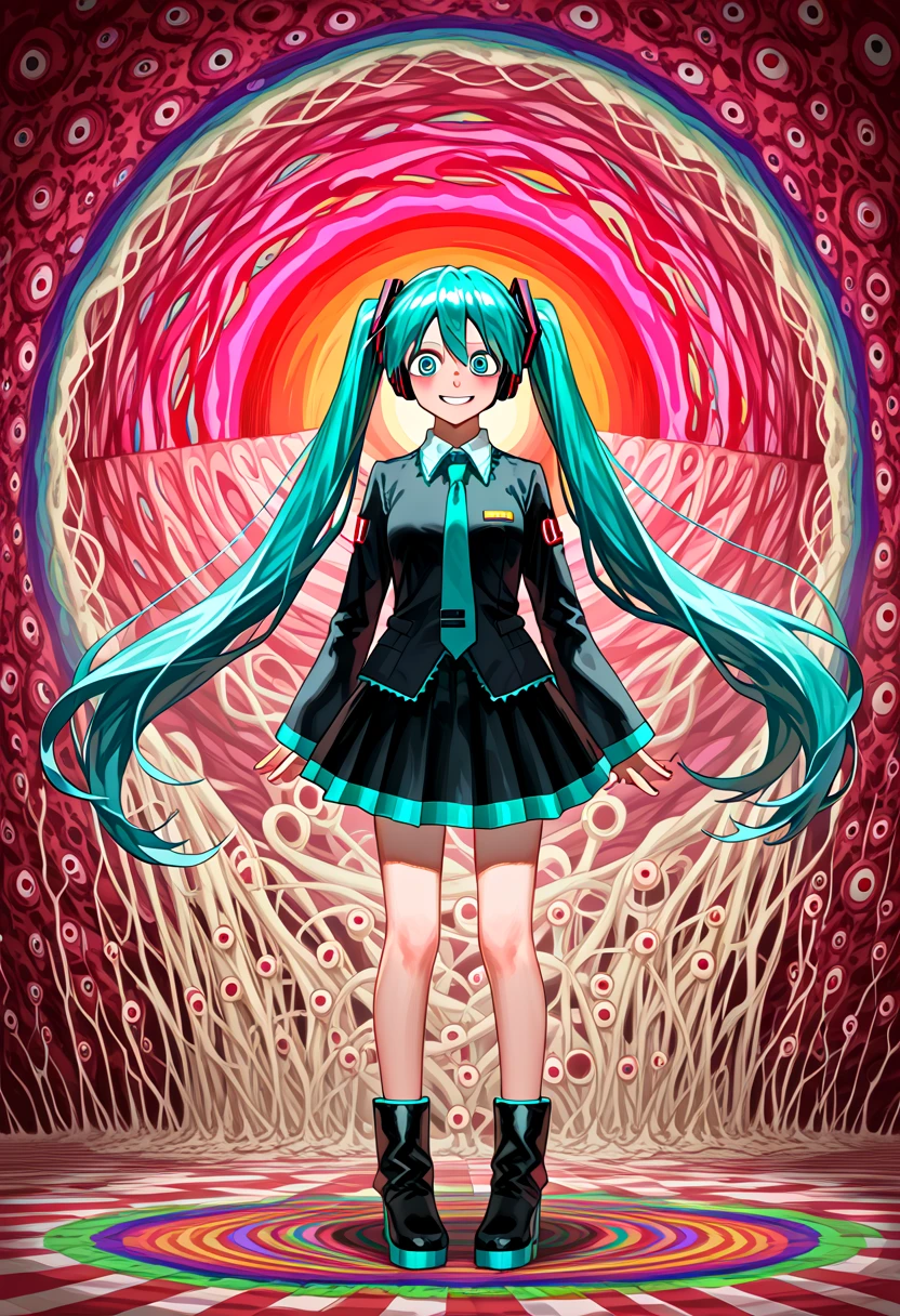 (masterpiece, high quality, amazing detail), highres, 1girl, hatsune miku, smile, full body, horror, chaotic lines, psychedelic, psycho chaotic, red and blue <lora:psycho-chaotic-style:1> <lora:illustrious_noobai_epsilon_pred_1_masterpieces_v1:0.25> <lora:ponyv4_noob1_2_adamW:0.6>