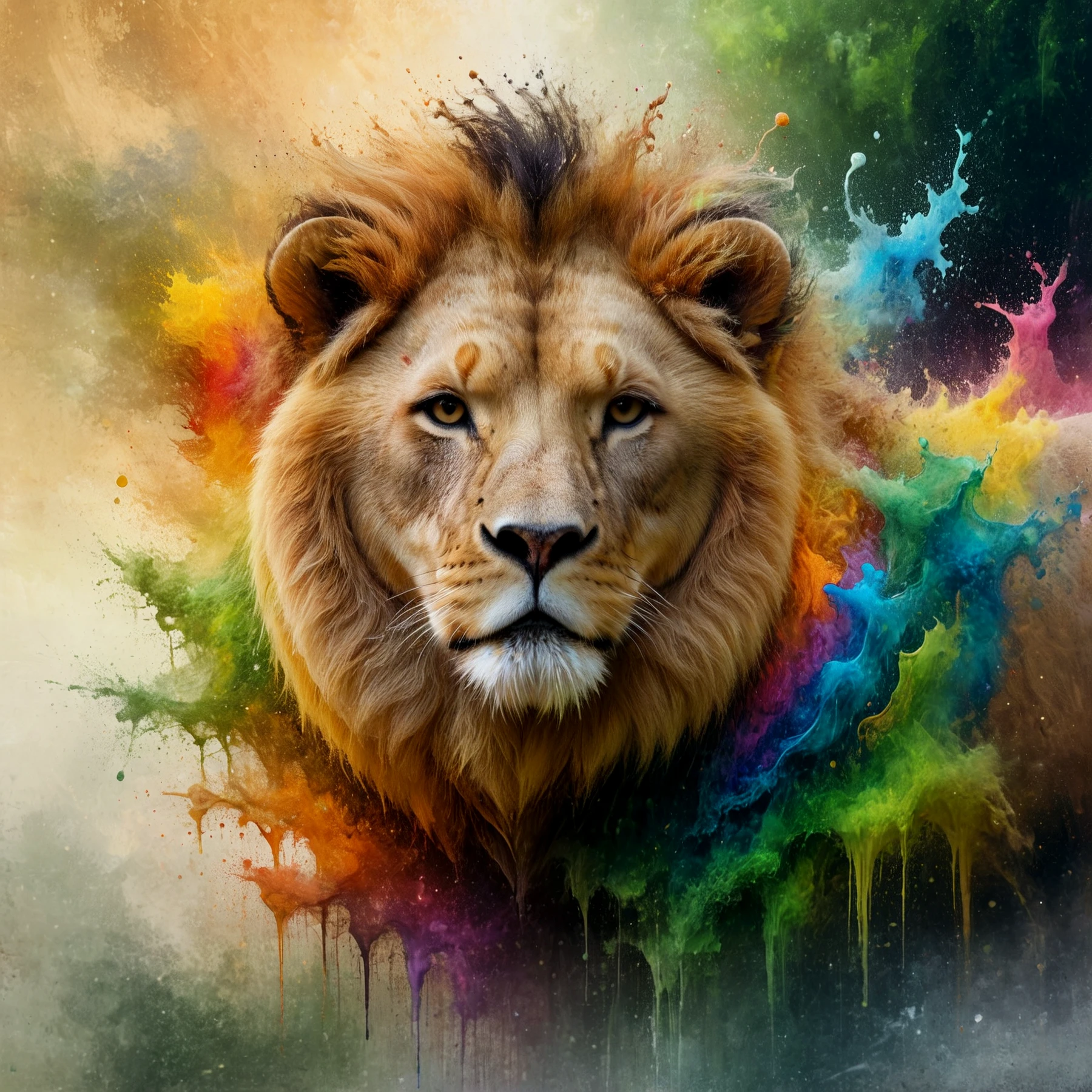 A lion spattered with colorful paint, hidden amongst jungle foliage, in artistic abstract art. Immersive. Earth tones. 

<lora:Splash01a_CE_XL_300-OT:0.6> splshCE_style