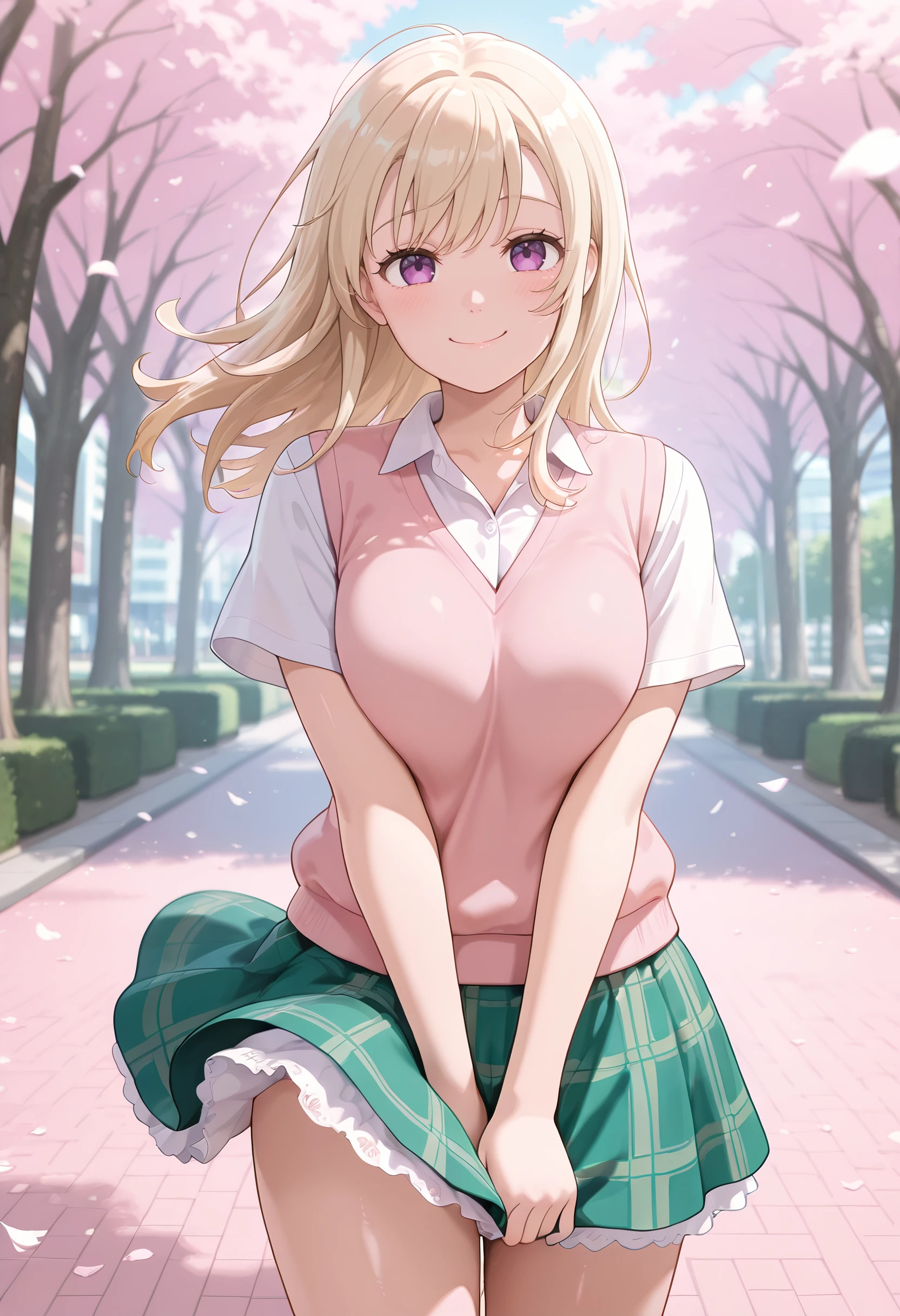 masterpiece,best quality,absurdres, amazing quality, shiny skin
tokyo \(city\), park, falling petals, cowboy shot, smile, looking at viewer, standing, wind, wind lift, skirt tug
<lora:KawaiiMona-11:1> kawaiimona, 1girl, long hair, blonde hair, purple eyes, shirt, white shirt, collared shirt, skirt, plaid yellow, plaid skirt, short sleeves, pink sweater vest, green skirt, petticoat, miniskirt,