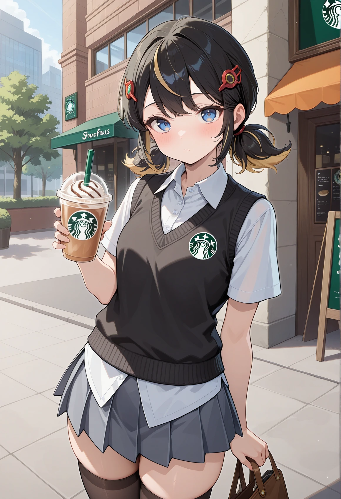 1girl, medium hair, blue eyes, multicolored hair, low twintails, black hair, blonde hair, hair ornament, white shirt, short sleeves, knitted vest, black vest, pleated shirt, thighhighs, holding drink, starbucks, outdoors, drinking straw, looking at viewer, <lora:Penny_Parker_Rivals:1>, masterpiece, best quality, amazing quality, very aesthetic, absurdres, highres, newest