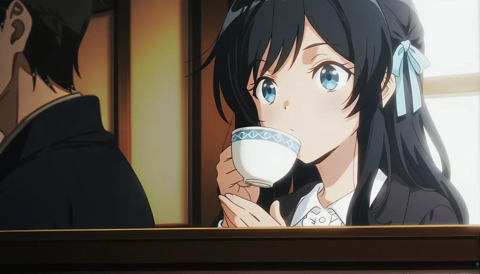 1girl, 
<lora:shinjidai_V3:1>
(anime screenshot,anime screencap,:1.2)
1girl, sipping tea, traditional tea house, kimono, solo, peaceful, serene, early morning,safe,general,
(depth of field, bokeh, solo focus, :0.9)
<lora:dmd2_sdxl_4step_lora_fp16:1> 
<lora:eigatore_V2:0.75> eigatore, black hair, ribbon, hair ribbon,black hair,black jacket, long sleeves, shirt, collared shirt, white shirt, frills,ribbon, hair ribbon,black hair,,, masterpiece, best quality, very aesthetic, absurdres, newest ,