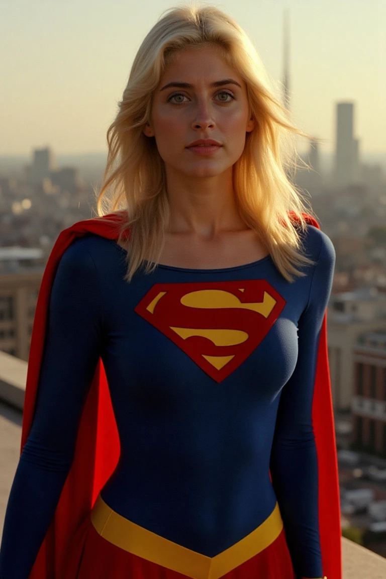 A cinematic shot of a woman posing confidently in a superhero costume, à la Supergirl, with blonde hair. She's wearing a bold, red and blue bodysuit with a golden 'S' emblem on her chest. The lighting is dramatic, with a warm glow highlighting her determined expression. In the background, a cityscape stretches out.